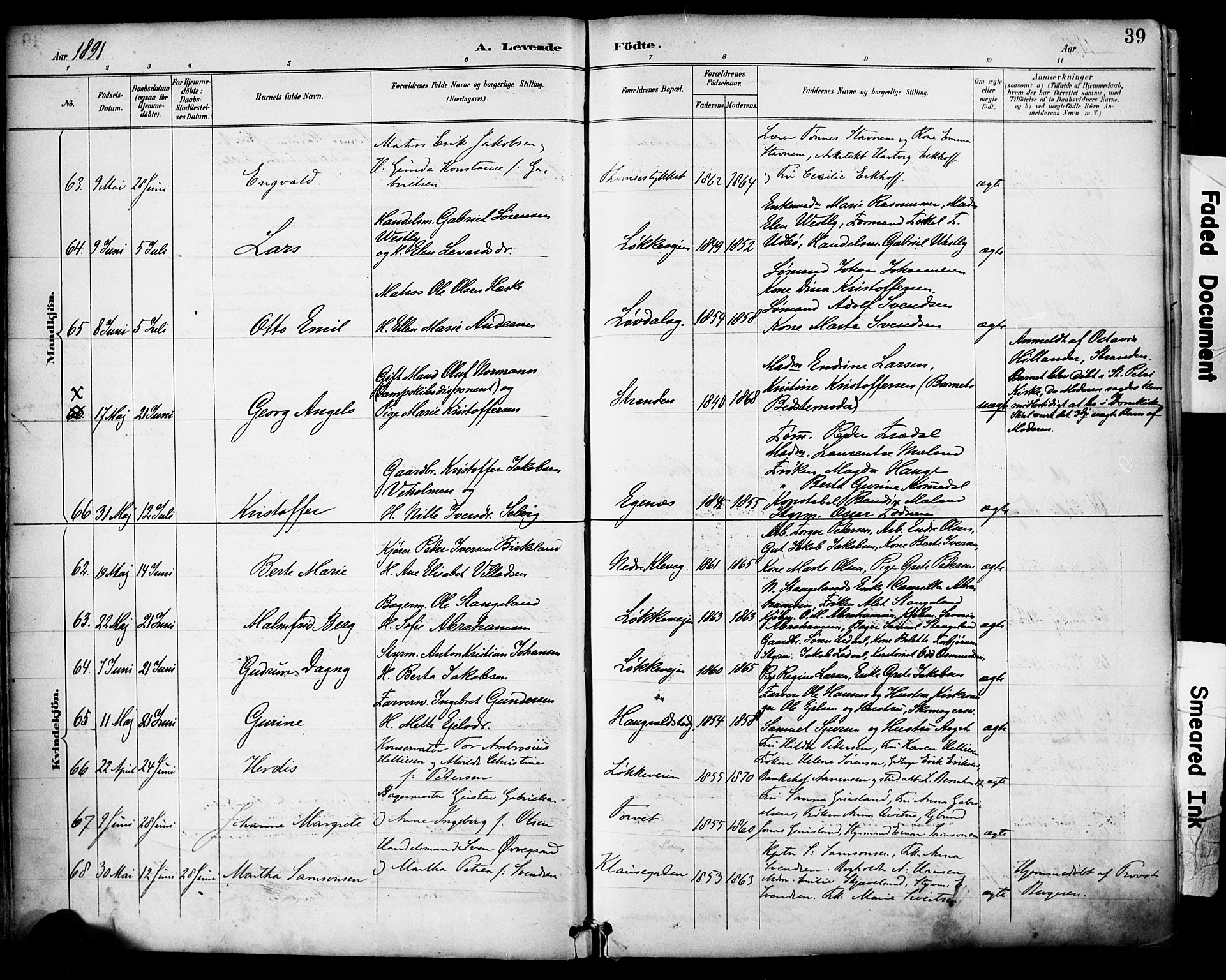 Domkirken sokneprestkontor, SAST/A-101812/001/30/30BA/L0030: Parish register (official) no. A 29, 1889-1902, p. 39