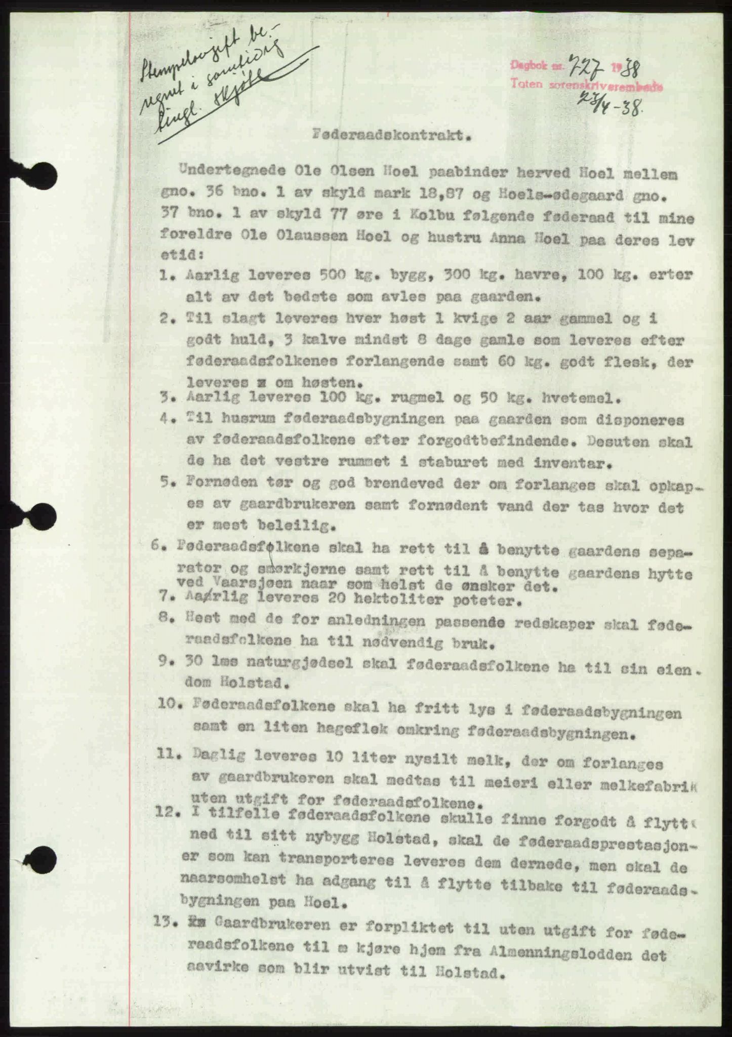 Toten tingrett, SAH/TING-006/H/Hb/Hbc/L0004: Mortgage book no. Hbc-04, 1938-1938, Diary no: : 727/1938