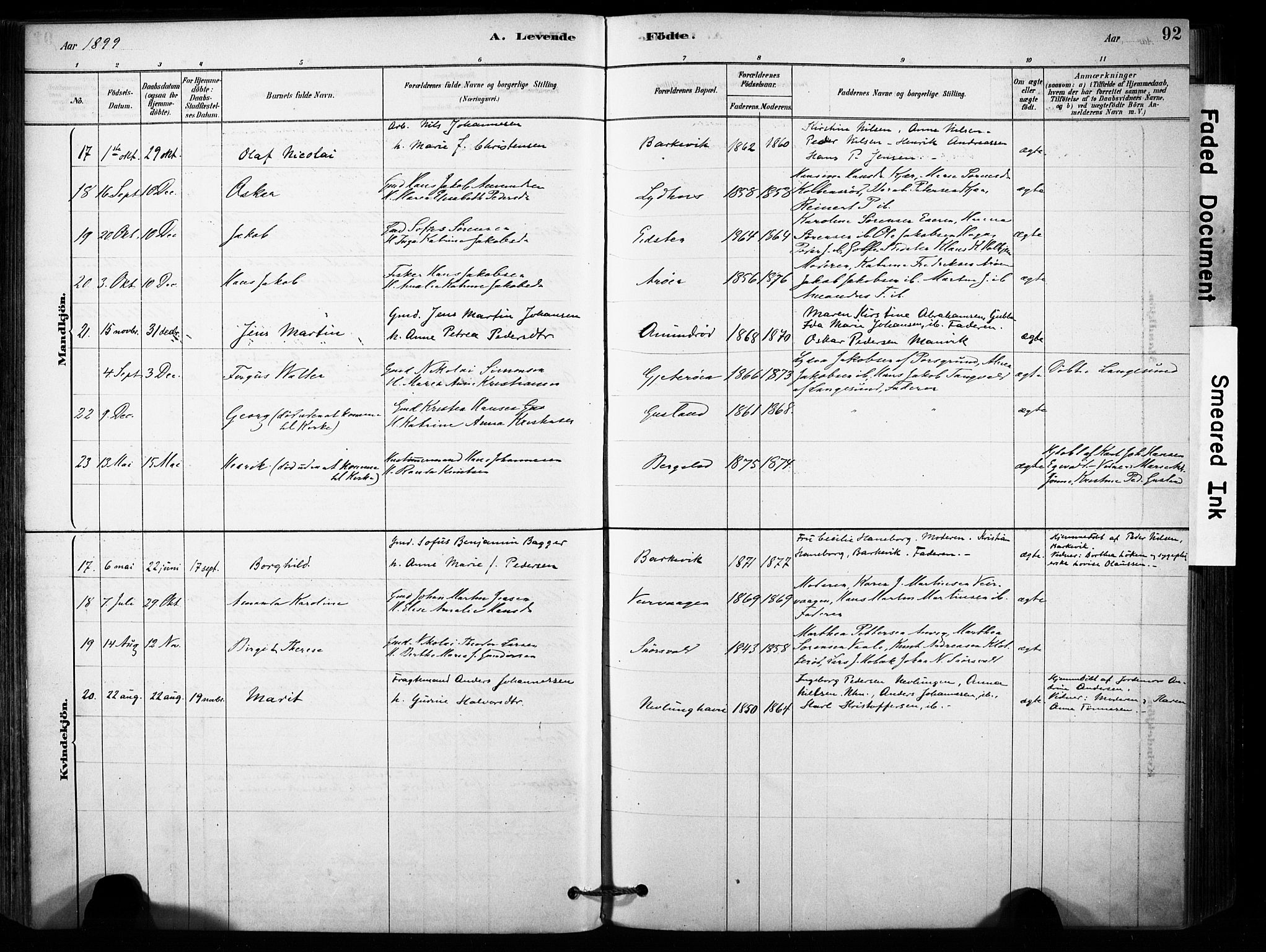 Brunlanes kirkebøker, AV/SAKO-A-342/F/Fb/L0001: Parish register (official) no. II 1, 1878-1899, p. 92