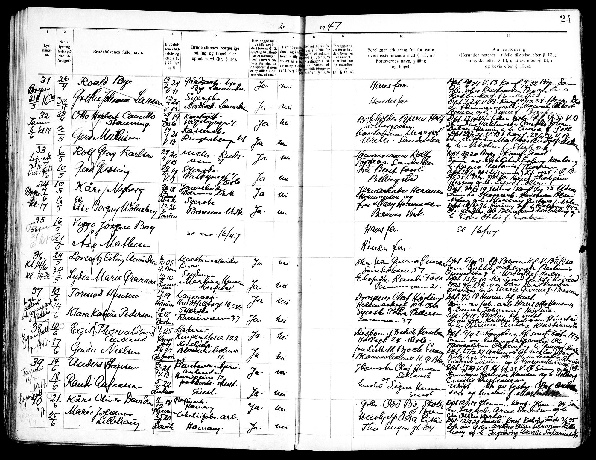 Vestre Bærum prestekontor Kirkebøker, AV/SAO-A-10209a/H/L0002: Banns register no. 2, 1941-1956, p. 24