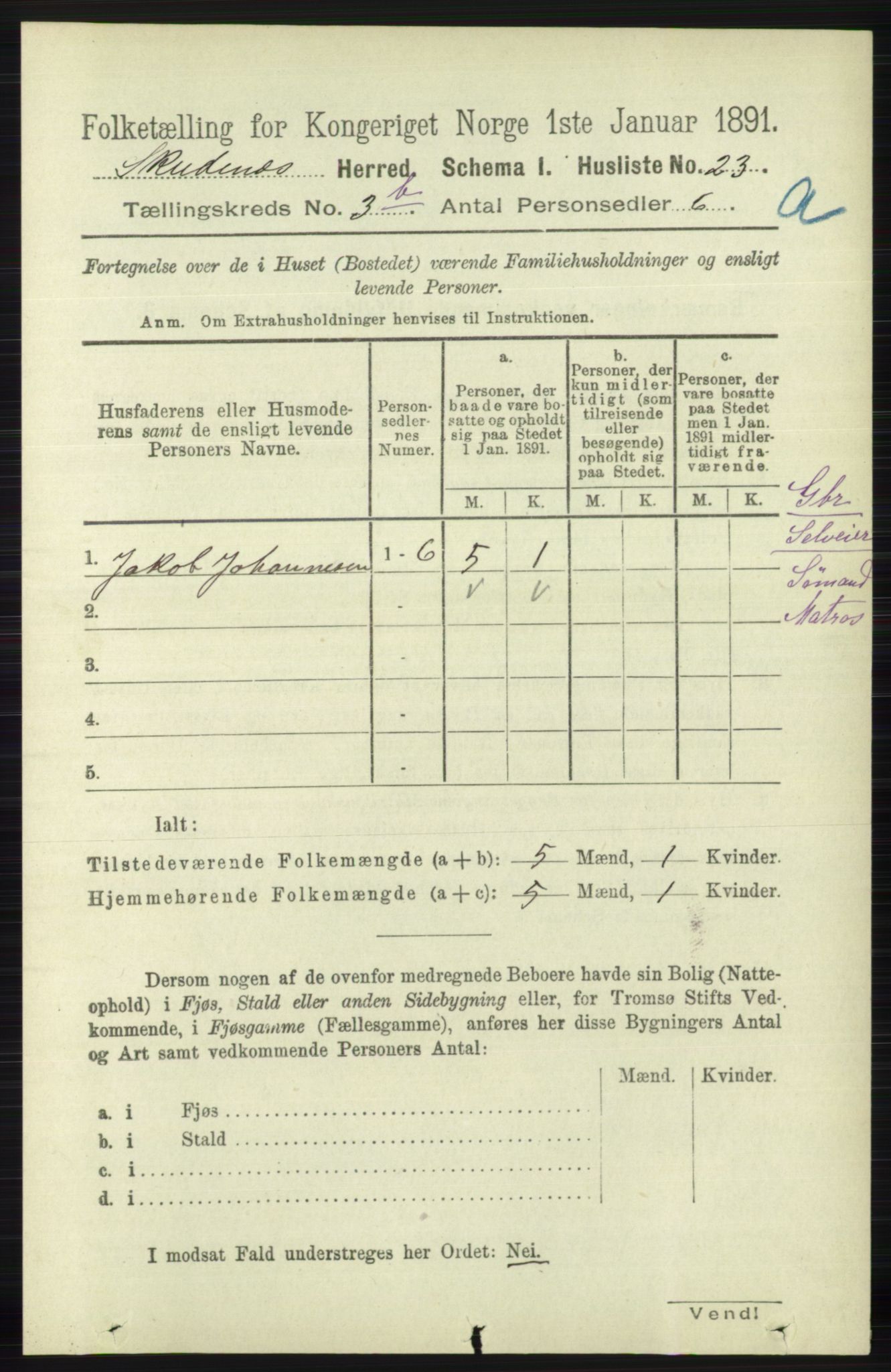 RA, 1891 census for 1150 Skudenes, 1891, p. 1634