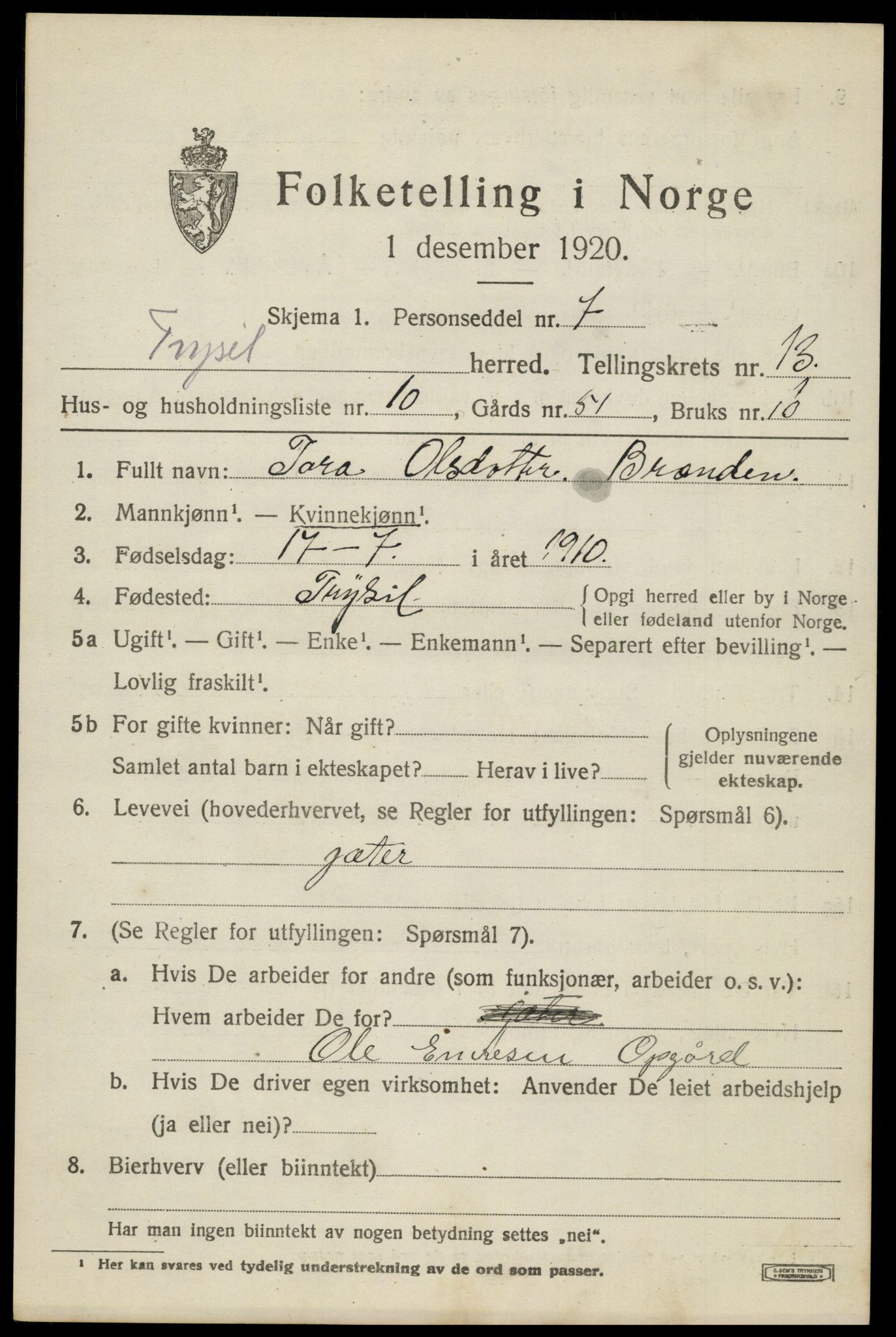 SAH, 1920 census for Trysil, 1920, p. 7763