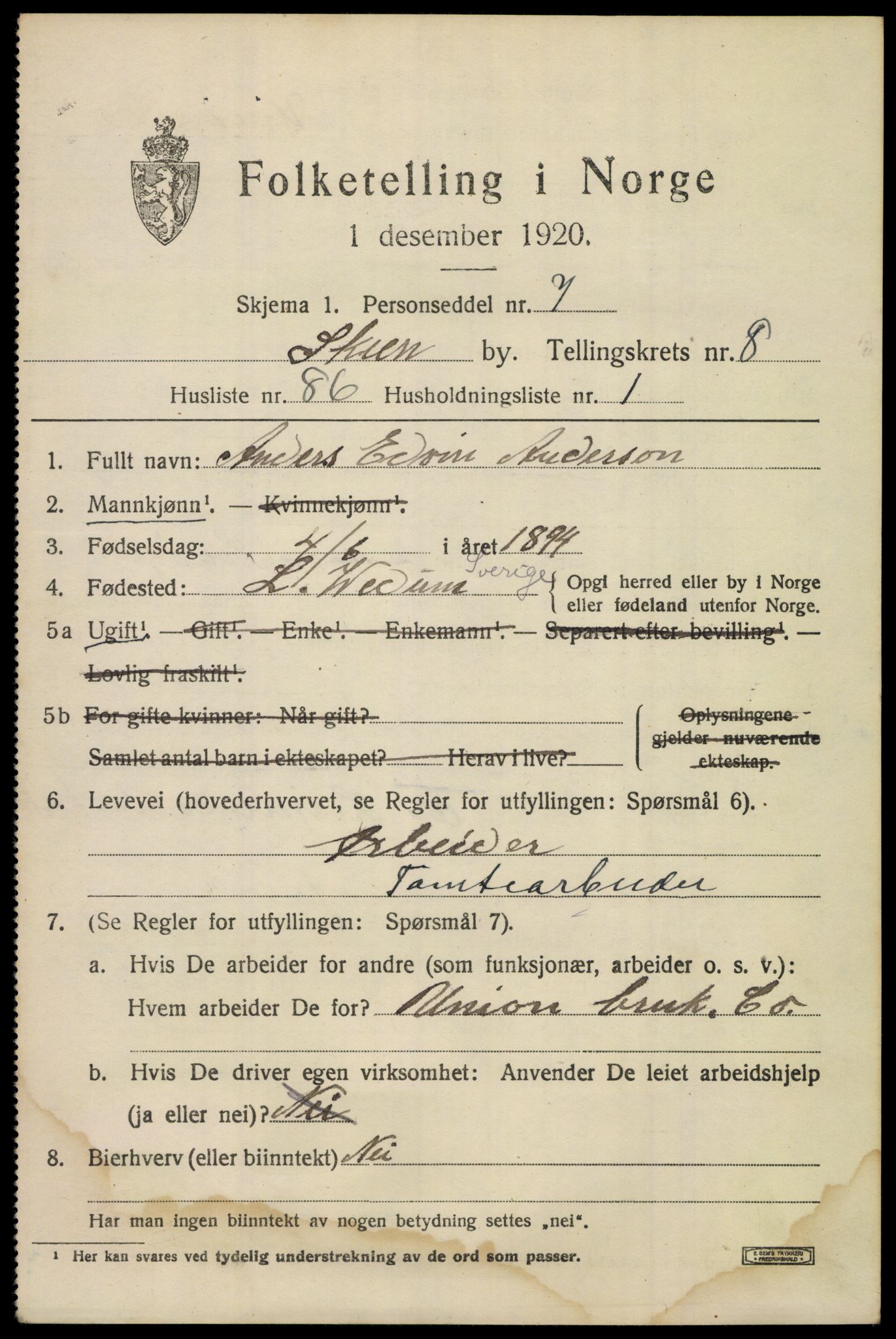 SAKO, 1920 census for Skien, 1920, p. 28592