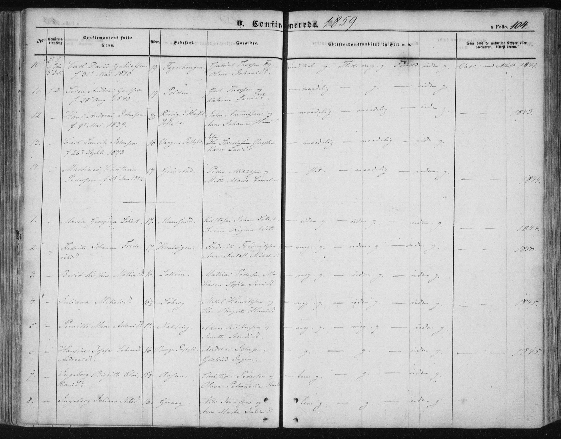 Ministerialprotokoller, klokkerbøker og fødselsregistre - Nordland, AV/SAT-A-1459/891/L1300: Parish register (official) no. 891A05, 1856-1870, p. 104