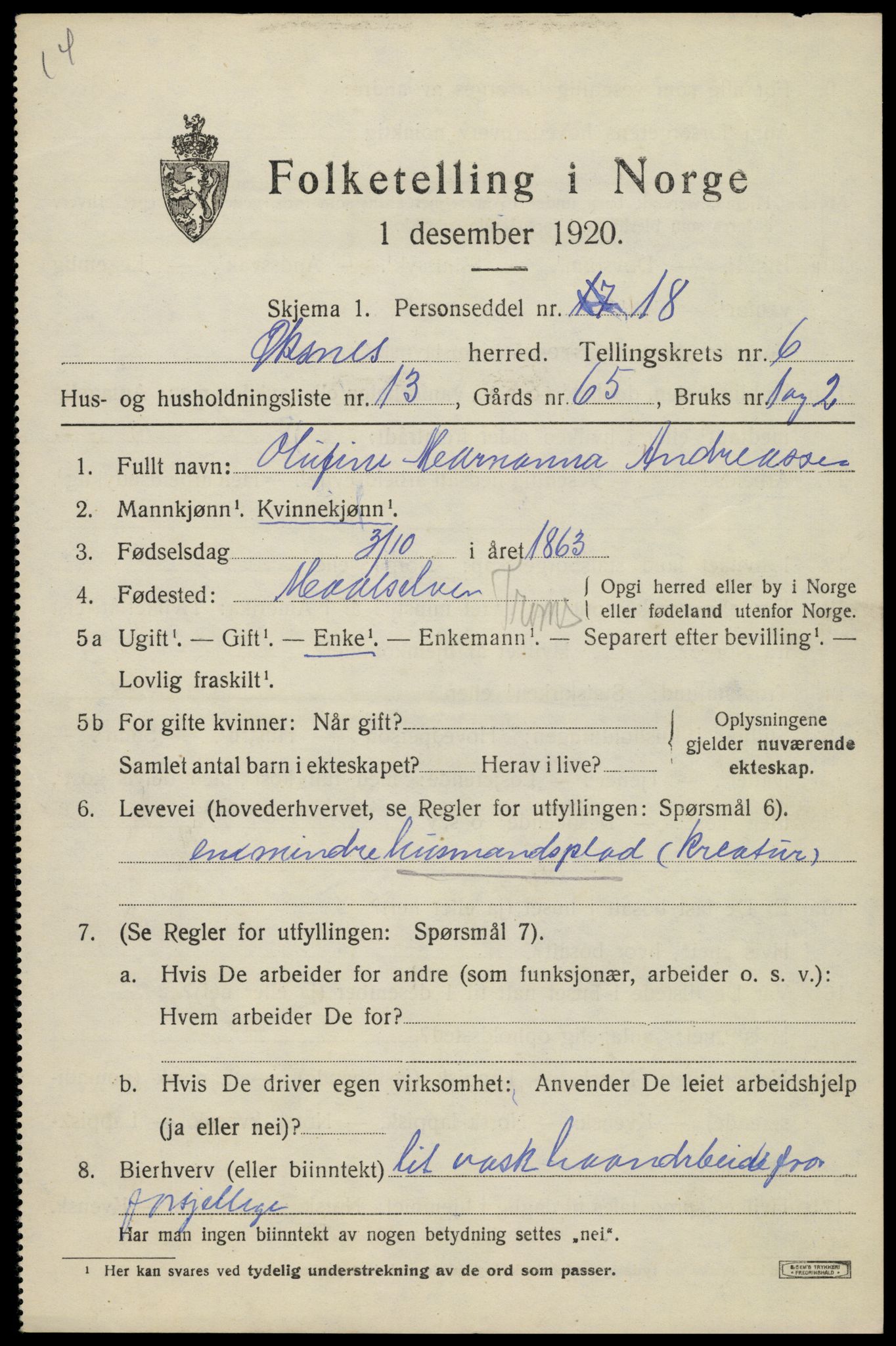 SAT, 1920 census for Øksnes, 1920, p. 5092