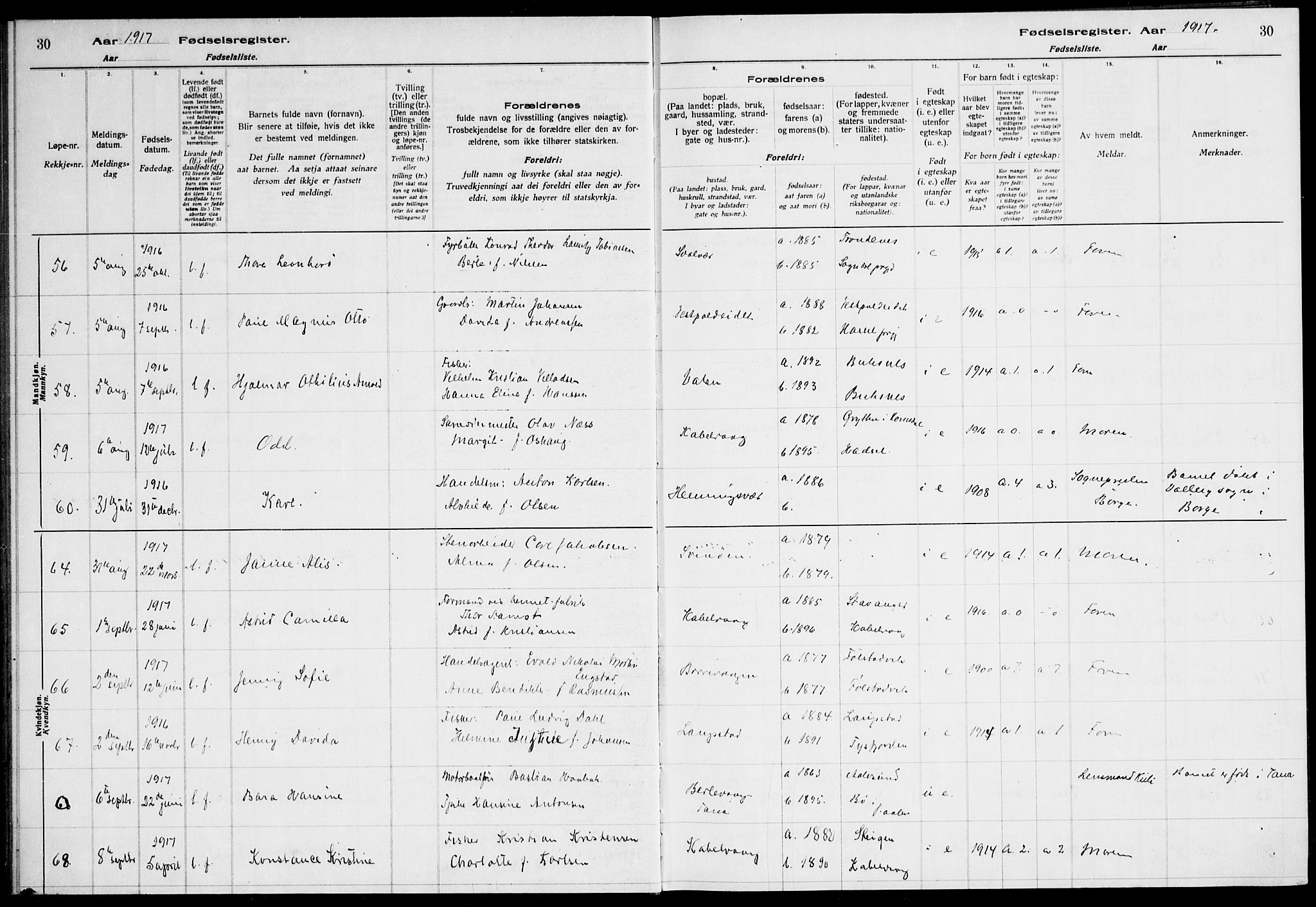 Ministerialprotokoller, klokkerbøker og fødselsregistre - Nordland, SAT/A-1459/874/L1089: Birth register no. 874.II.4.1, 1916-1926, p. 30