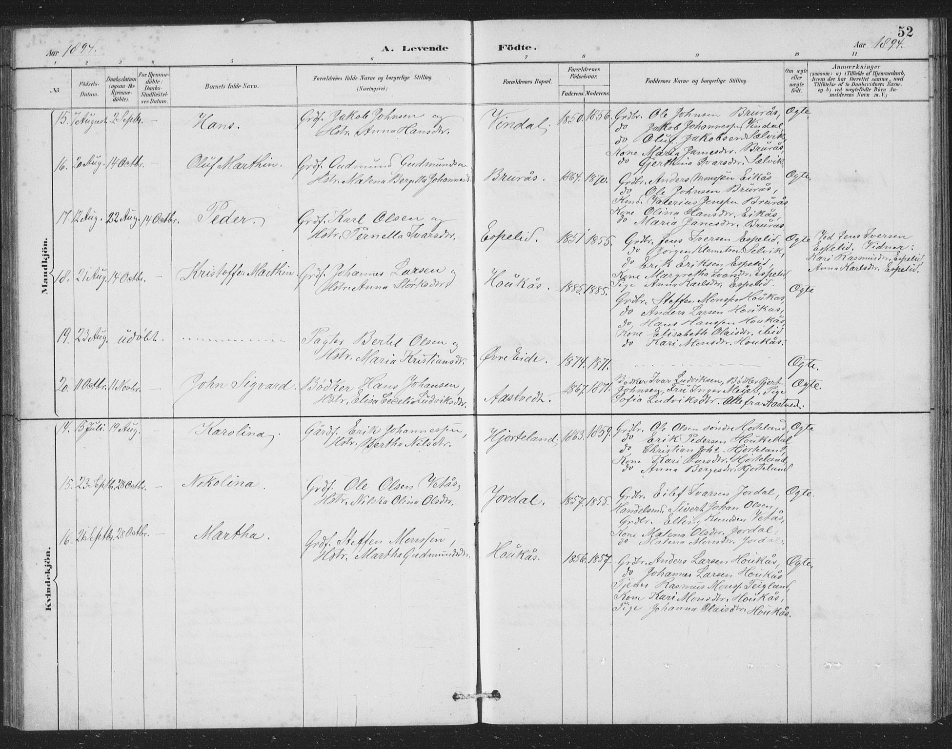 Åsane sokneprestembete, SAB/A-79401/H/Hab: Parish register (copy) no. A 2, 1885-1898, p. 52
