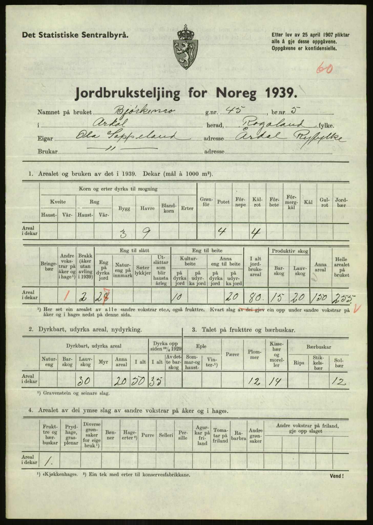 Statistisk sentralbyrå, Næringsøkonomiske emner, Jordbruk, skogbruk, jakt, fiske og fangst, AV/RA-S-2234/G/Gb/L0184: Rogaland: Årdal, Fister og Hjelmeland, 1939, p. 741