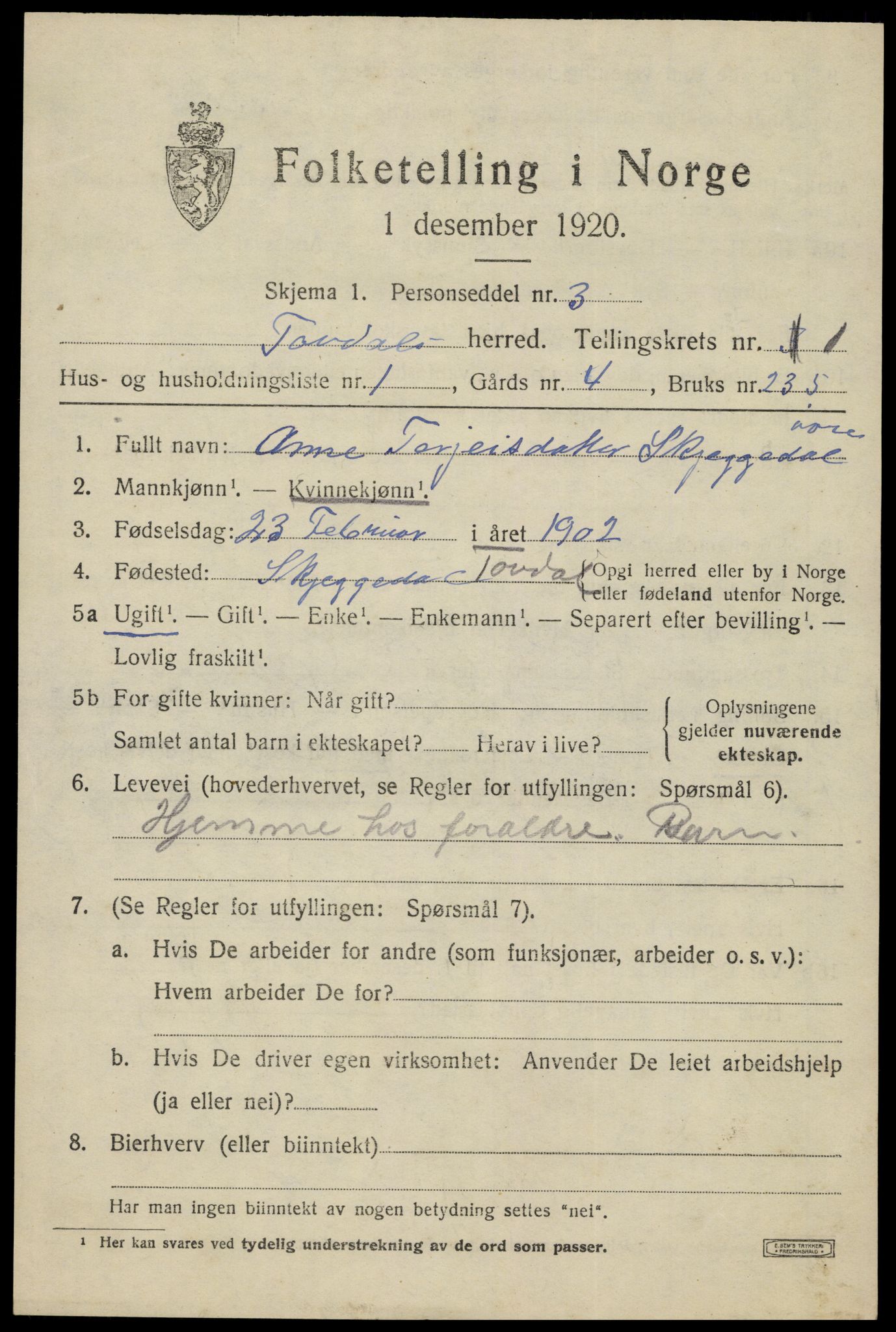 SAK, 1920 census for Tovdal, 1920, p. 151