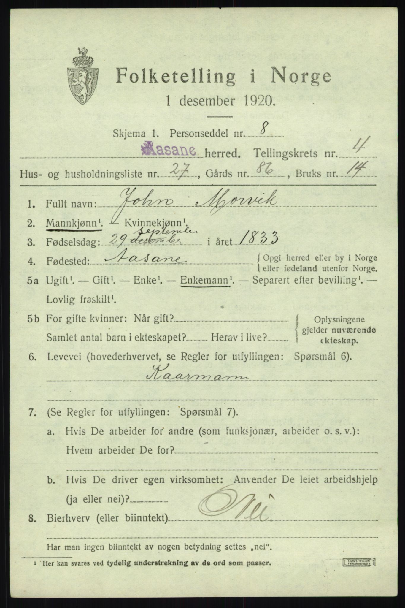 SAB, 1920 census for Åsane, 1920, p. 2829