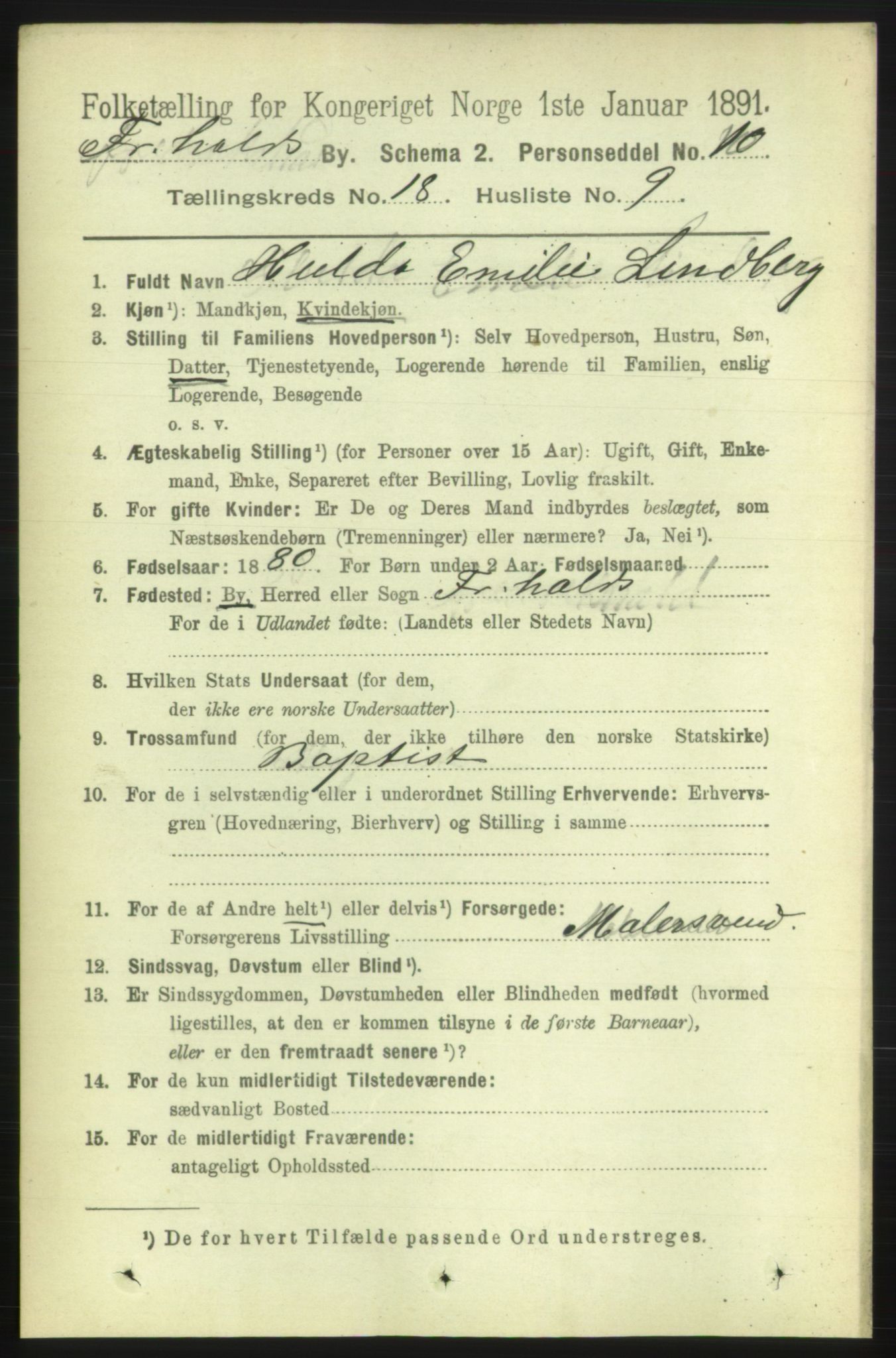 RA, 1891 census for 0101 Fredrikshald, 1891, p. 11453