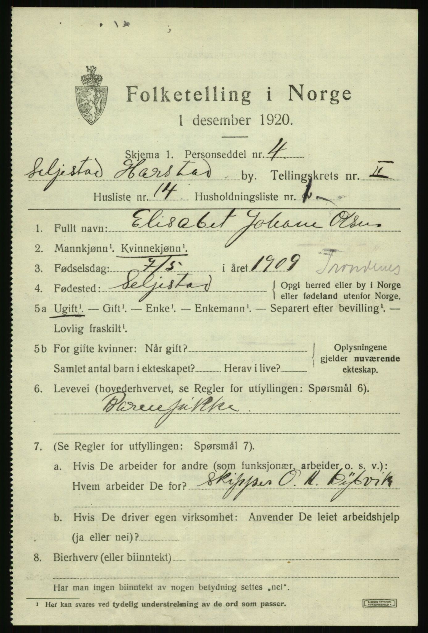 SATØ, 1920 census for Harstad, 1920, p. 3322