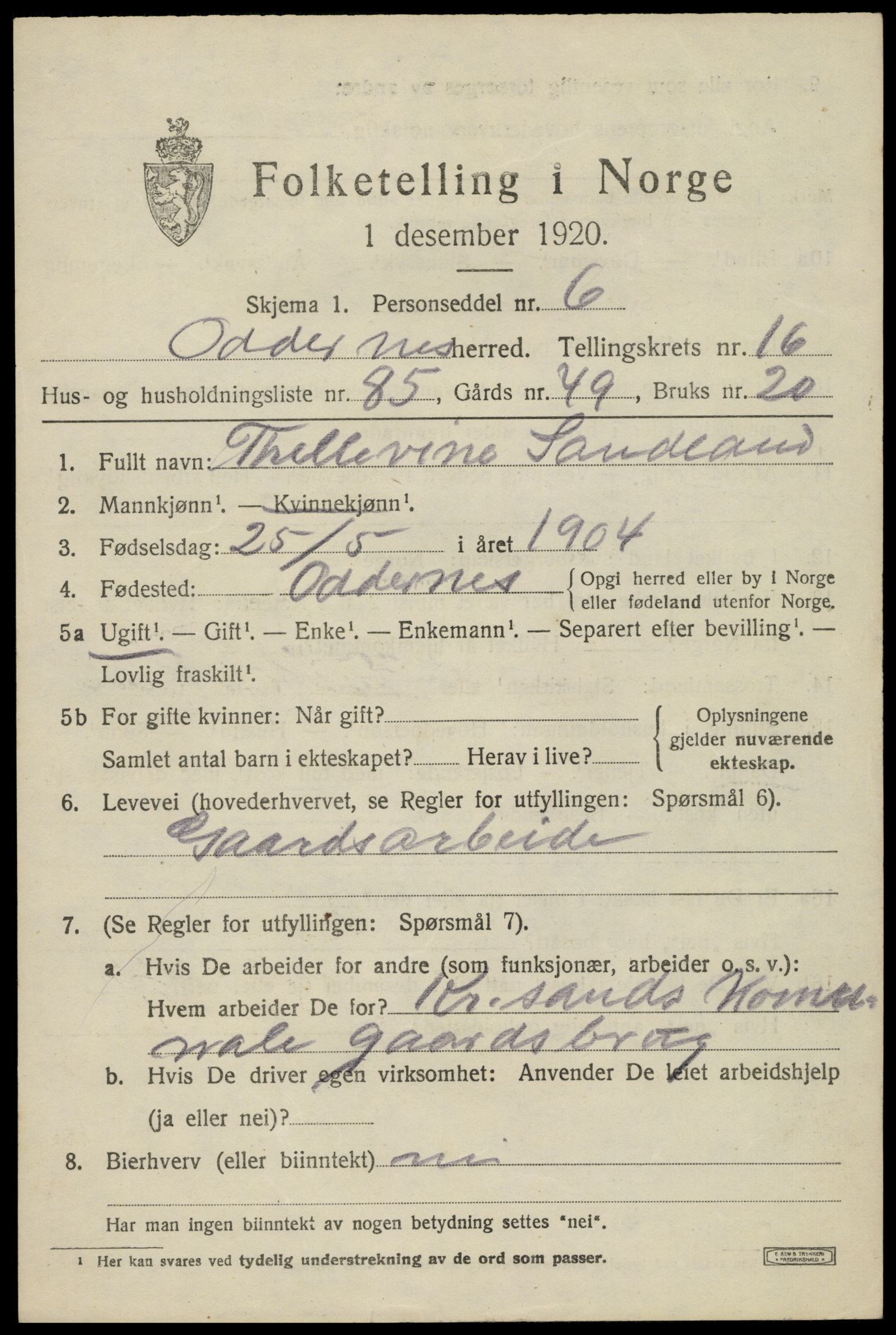 SAK, 1920 census for Oddernes, 1920, p. 12489