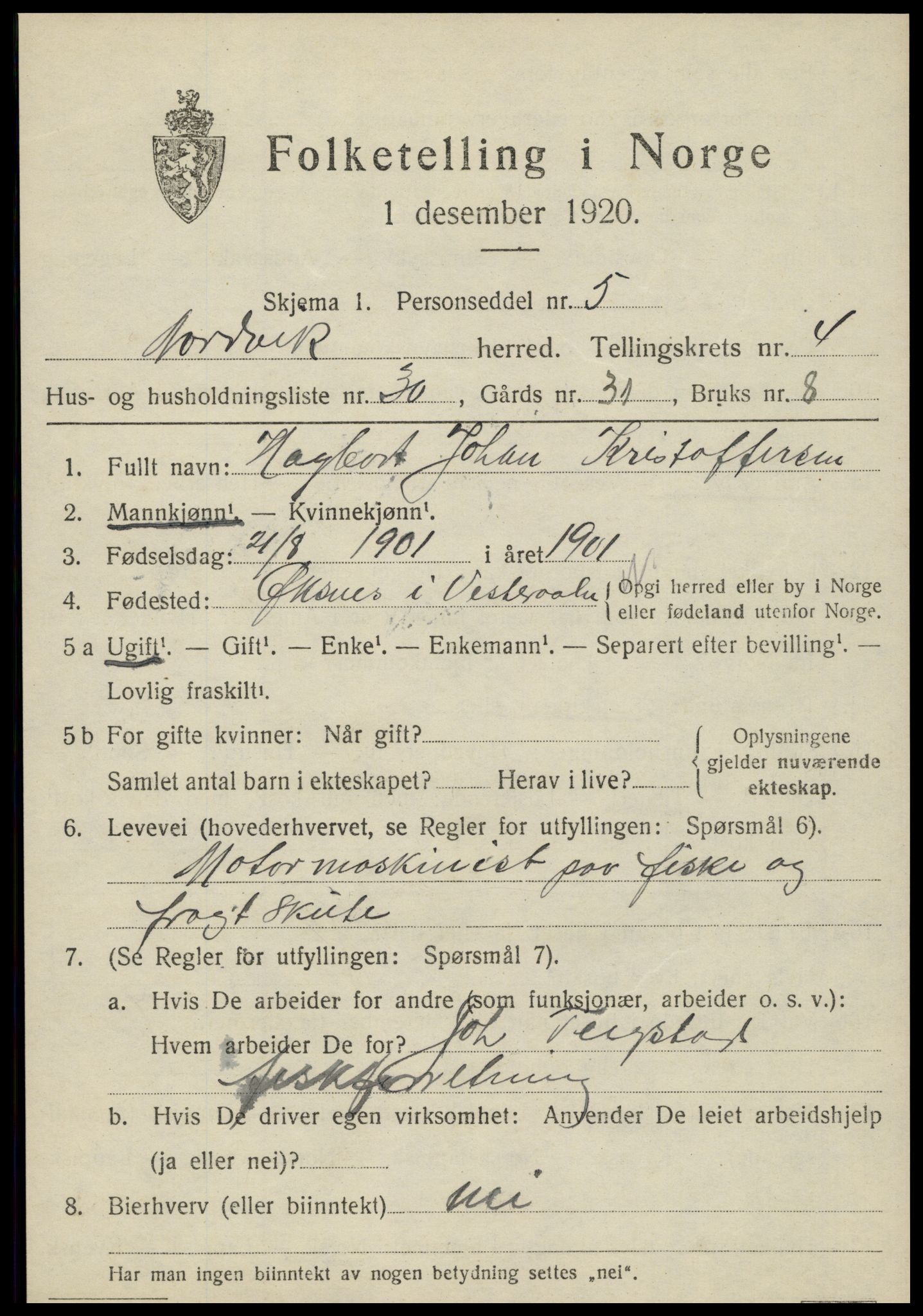 SAT, 1920 census for Nordvik, 1920, p. 1772