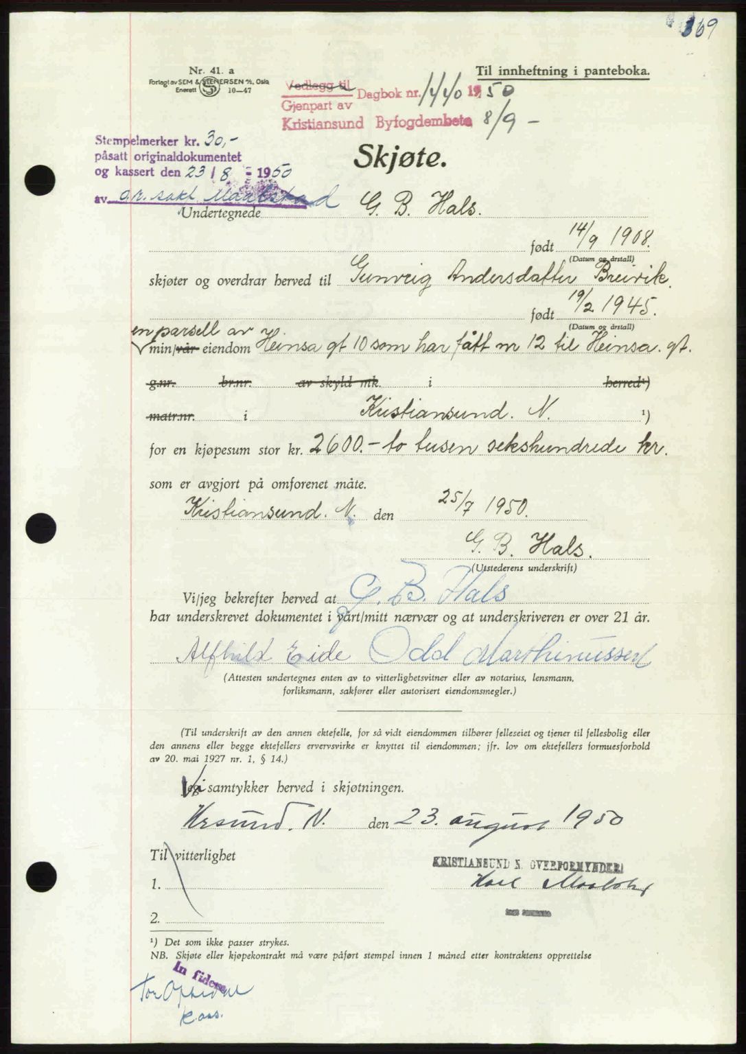 Kristiansund byfogd, AV/SAT-A-4587/A/27: Mortgage book no. 46, 1949-1950, Diary no: : 1440/1950