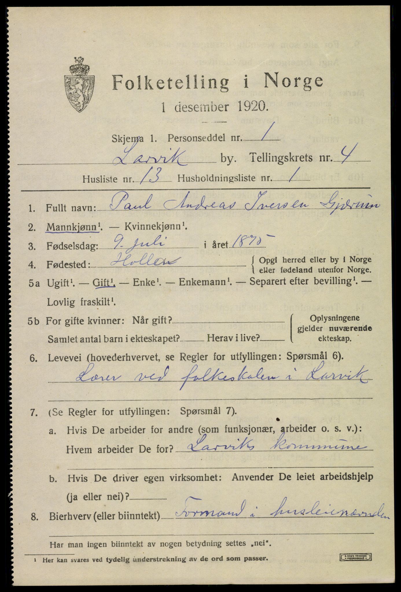 SAKO, 1920 census for Larvik, 1920, p. 13638