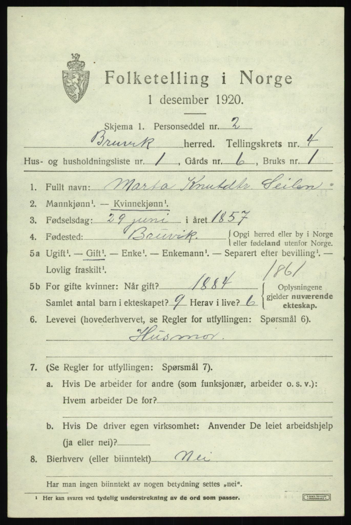 SAB, 1920 census for Bruvik, 1920, p. 2420