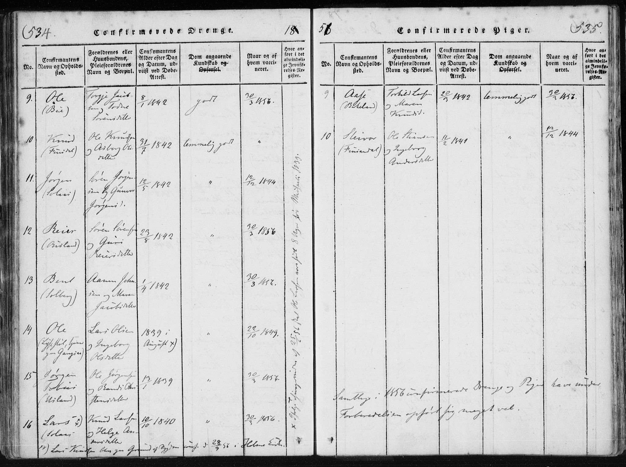 Holum sokneprestkontor, AV/SAK-1111-0022/F/Fa/Fac/L0002: Parish register (official) no. A 2, 1821-1859, p. 534-535