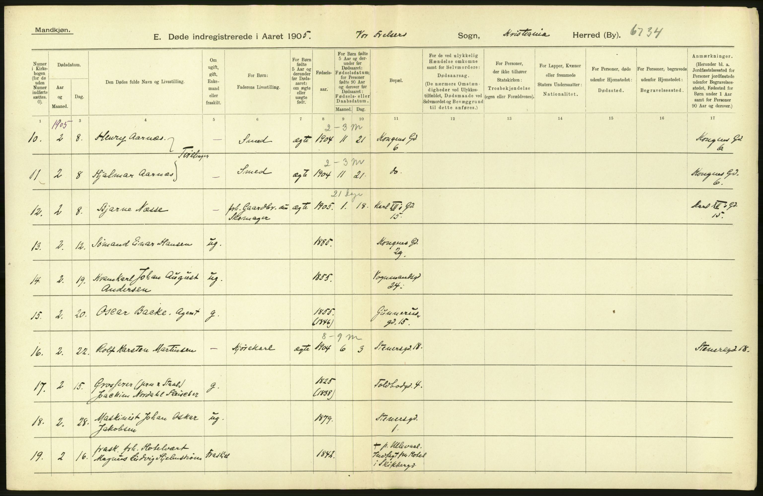 Statistisk sentralbyrå, Sosiodemografiske emner, Befolkning, AV/RA-S-2228/D/Df/Dfa/Dfac/L0007a: Kristiania: Døde, dødfødte., 1905, p. 196