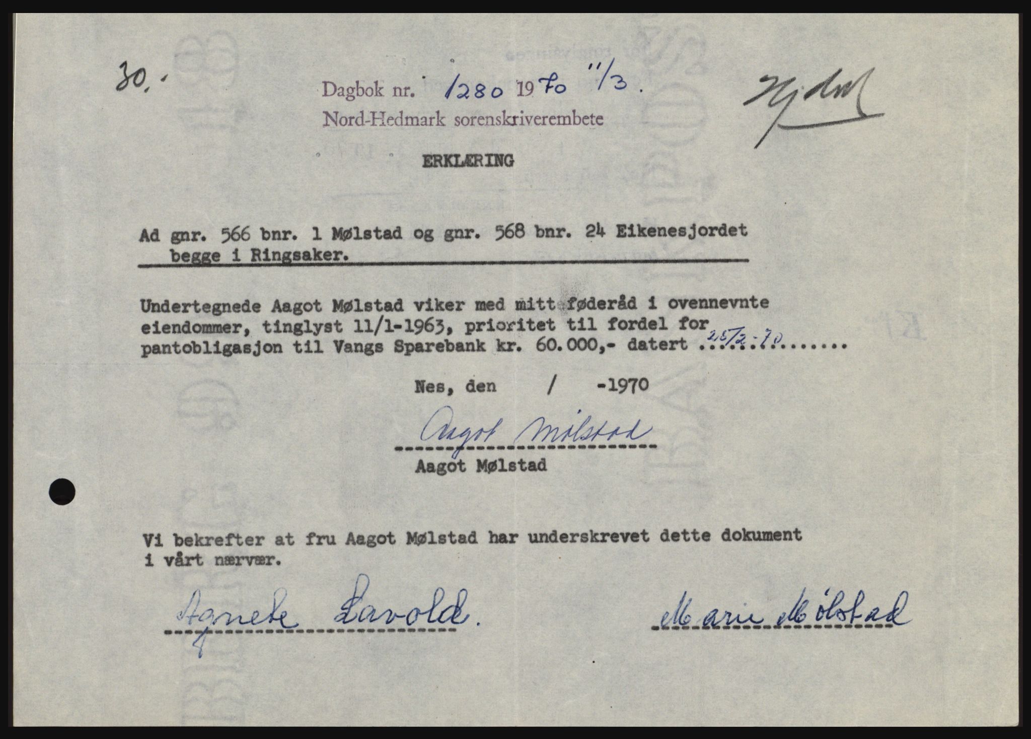 Nord-Hedmark sorenskriveri, SAH/TING-012/H/Hc/L0033: Mortgage book no. 33, 1970-1970, Diary no: : 1280/1970