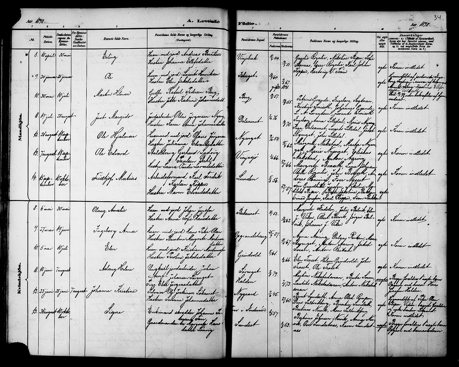 Ministerialprotokoller, klokkerbøker og fødselsregistre - Nord-Trøndelag, AV/SAT-A-1458/733/L0327: Parish register (copy) no. 733C02, 1888-1918, p. 34