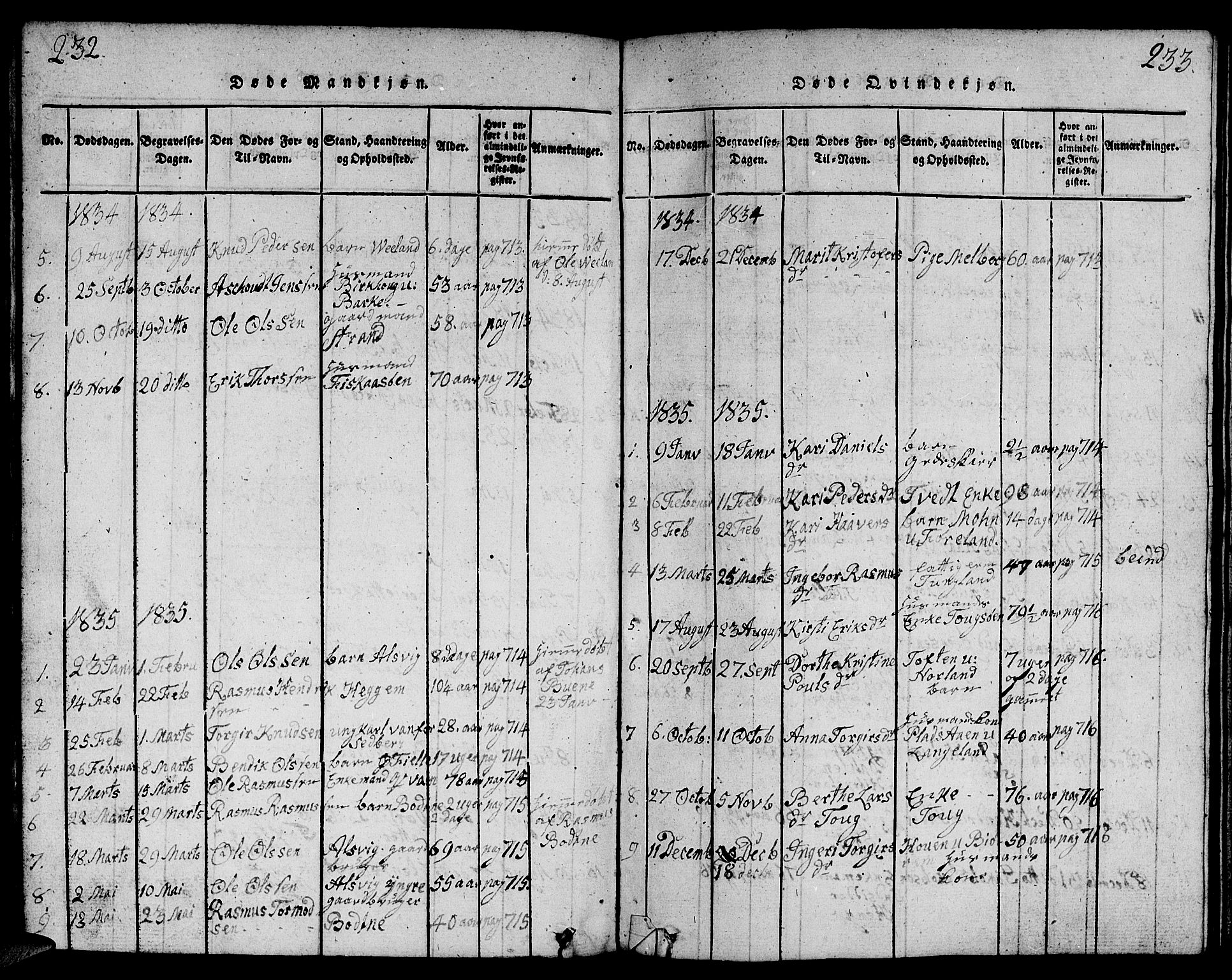 Strand sokneprestkontor, AV/SAST-A-101828/H/Ha/Hab/L0001: Parish register (copy) no. B 1, 1816-1854, p. 232-233