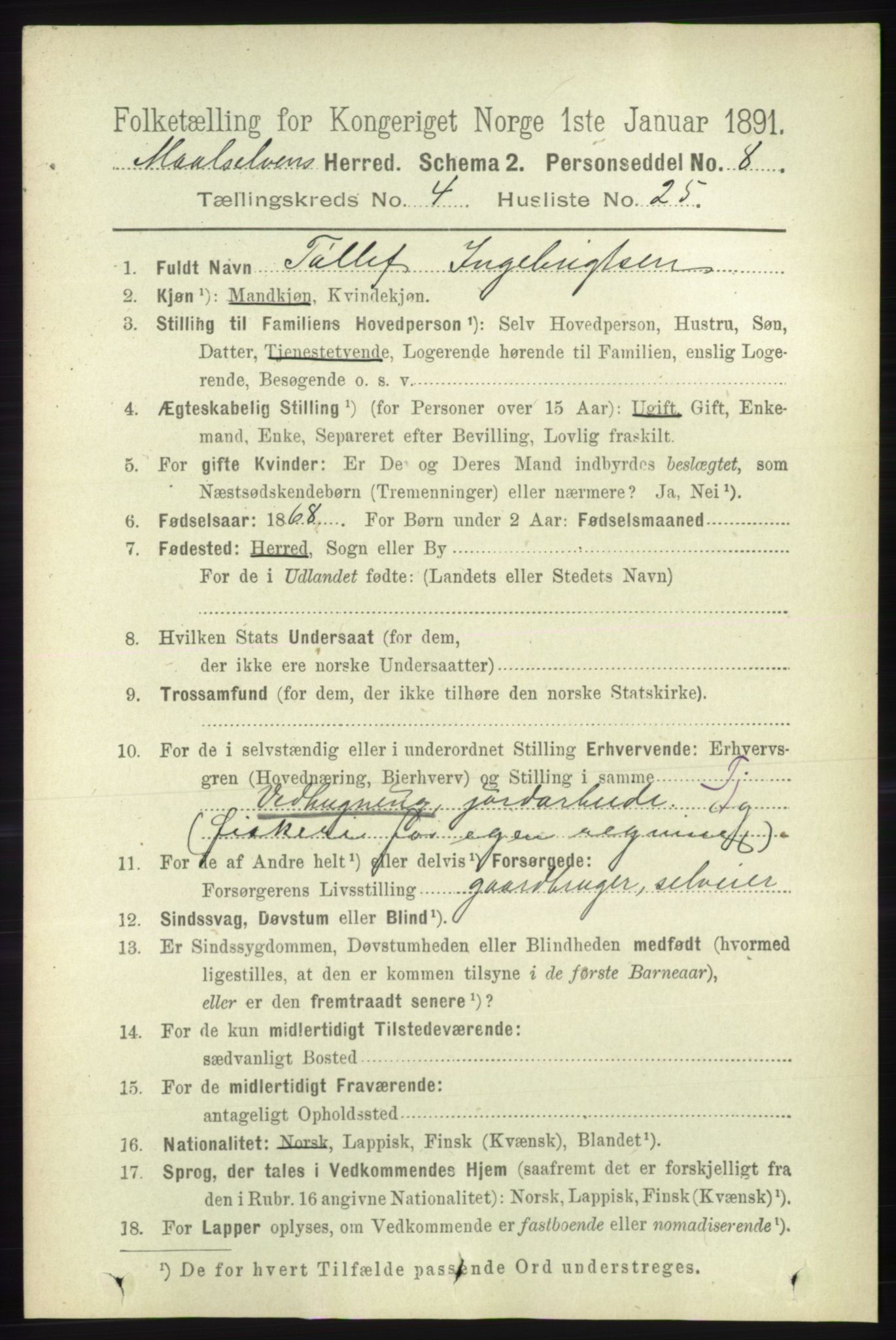 RA, 1891 census for 1924 Målselv, 1891, p. 1260