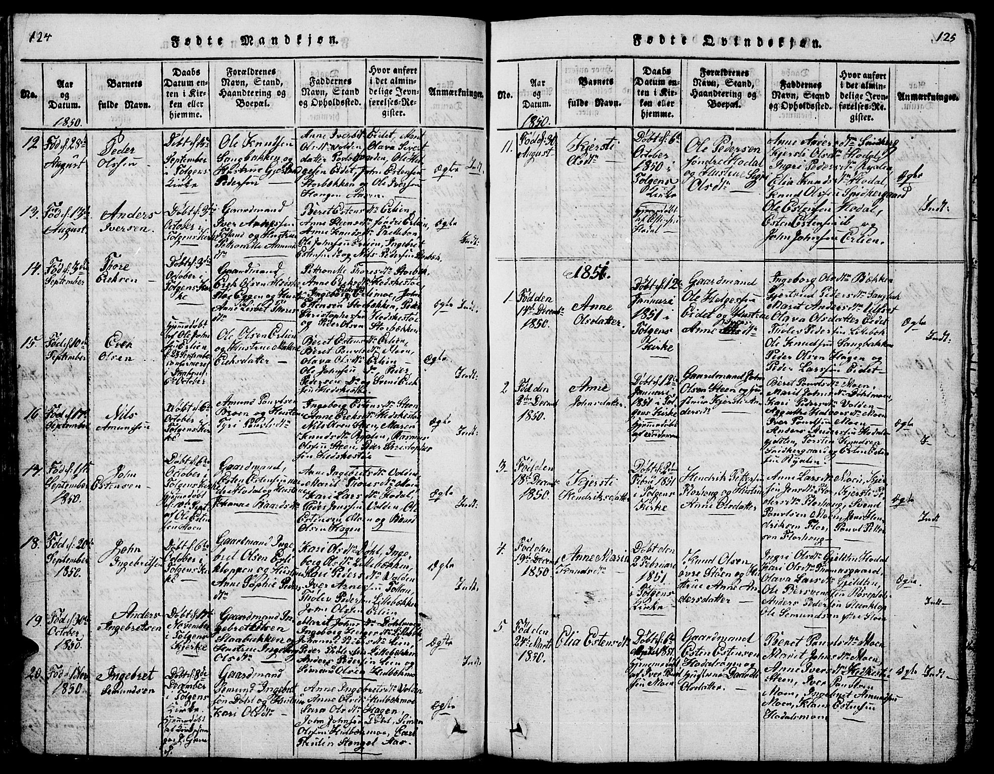 Tolga prestekontor, AV/SAH-PREST-062/L/L0001: Parish register (copy) no. 1, 1814-1877, p. 124-125