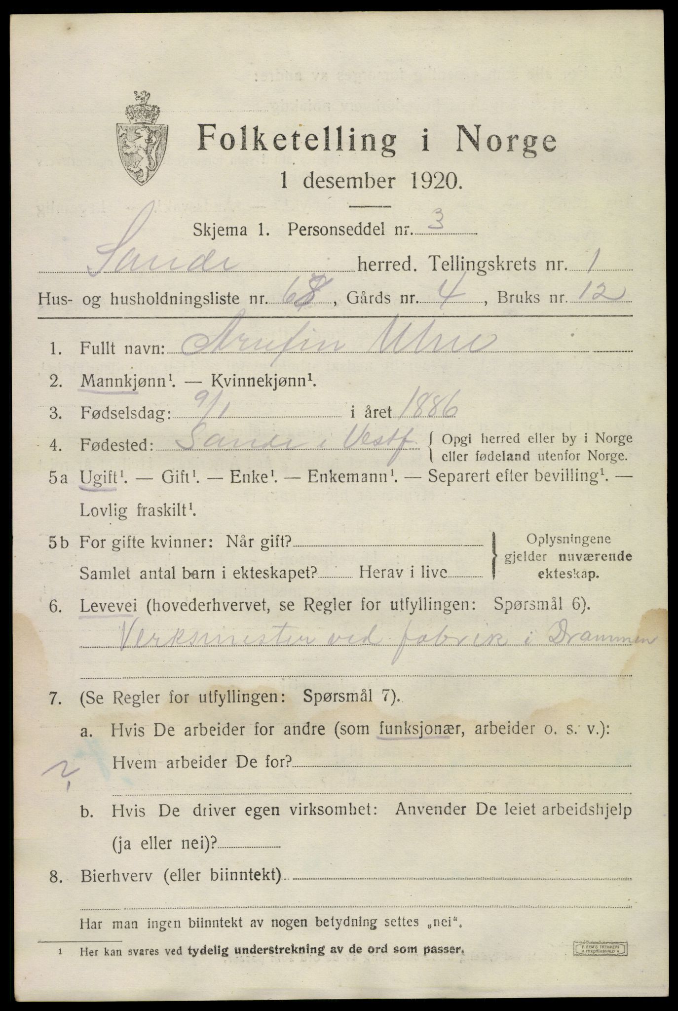 SAKO, 1920 census for Sande, 1920, p. 1976