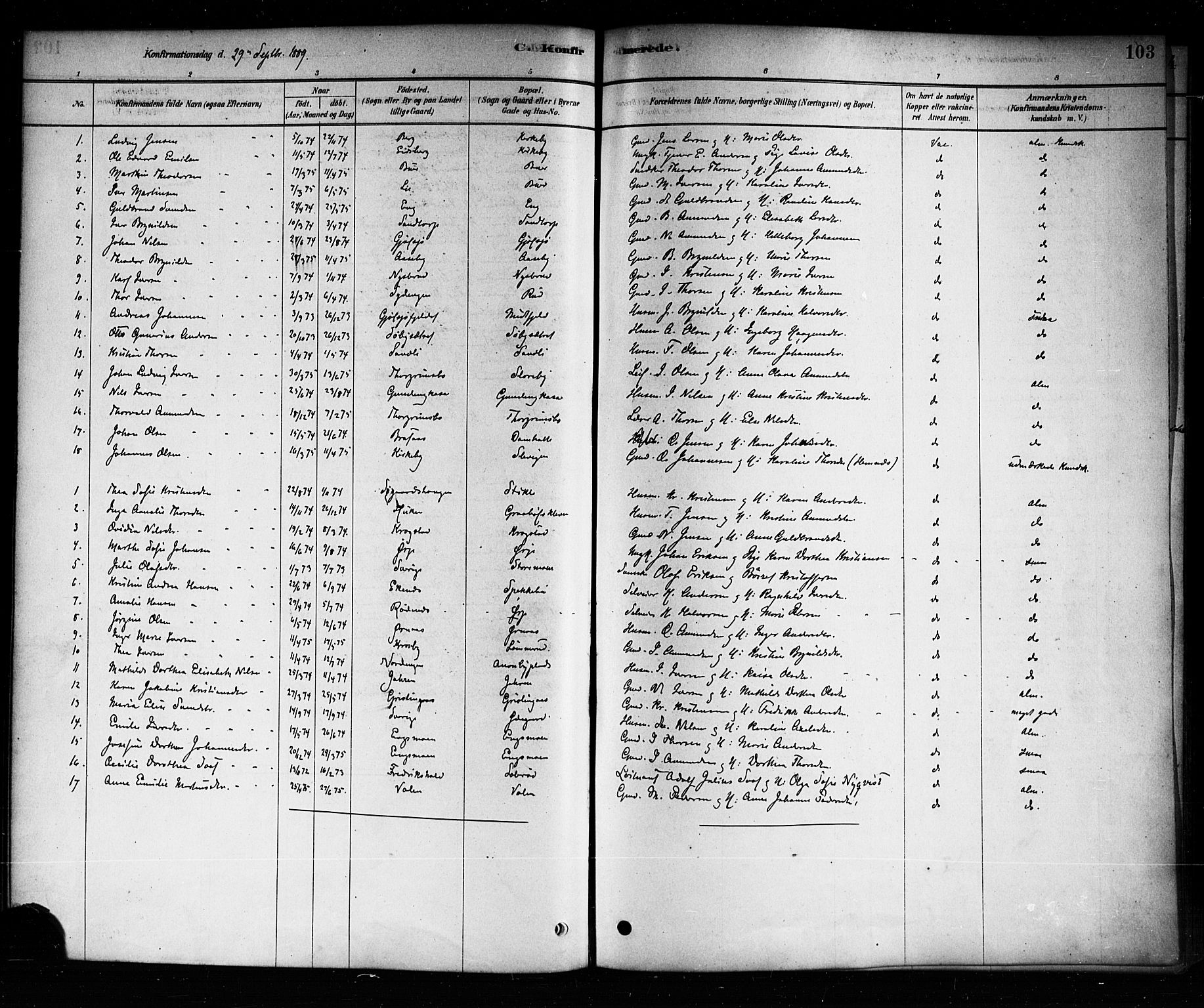 Aremark prestekontor Kirkebøker, SAO/A-10899/F/Fb/L0004: Parish register (official) no. II 4, 1878-1895, p. 103