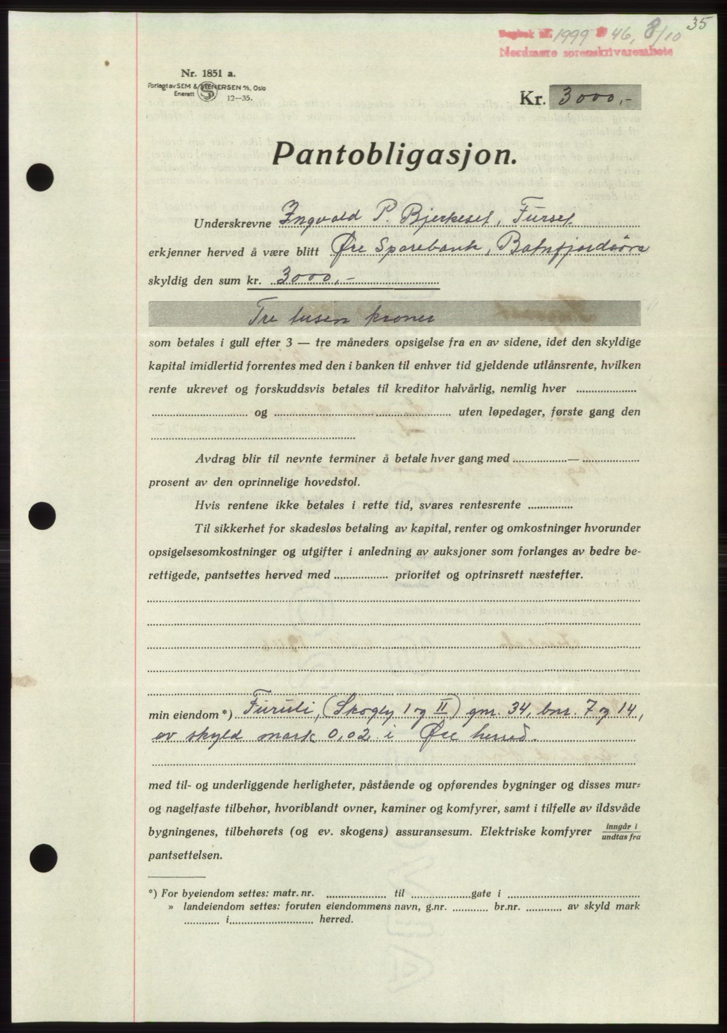 Nordmøre sorenskriveri, AV/SAT-A-4132/1/2/2Ca: Mortgage book no. B95, 1946-1947, Diary no: : 1999/1946