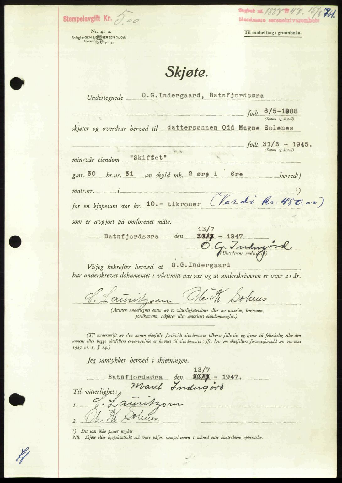 Nordmøre sorenskriveri, AV/SAT-A-4132/1/2/2Ca: Mortgage book no. A105, 1947-1947, Diary no: : 1837/1947