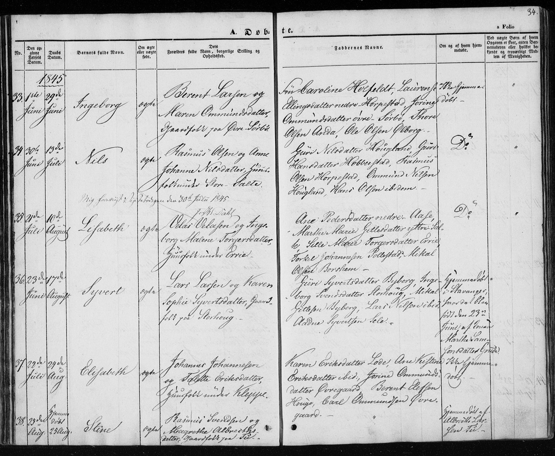 Klepp sokneprestkontor, AV/SAST-A-101803/001/3/30BA/L0004: Parish register (official) no. A 4, 1842-1852, p. 34