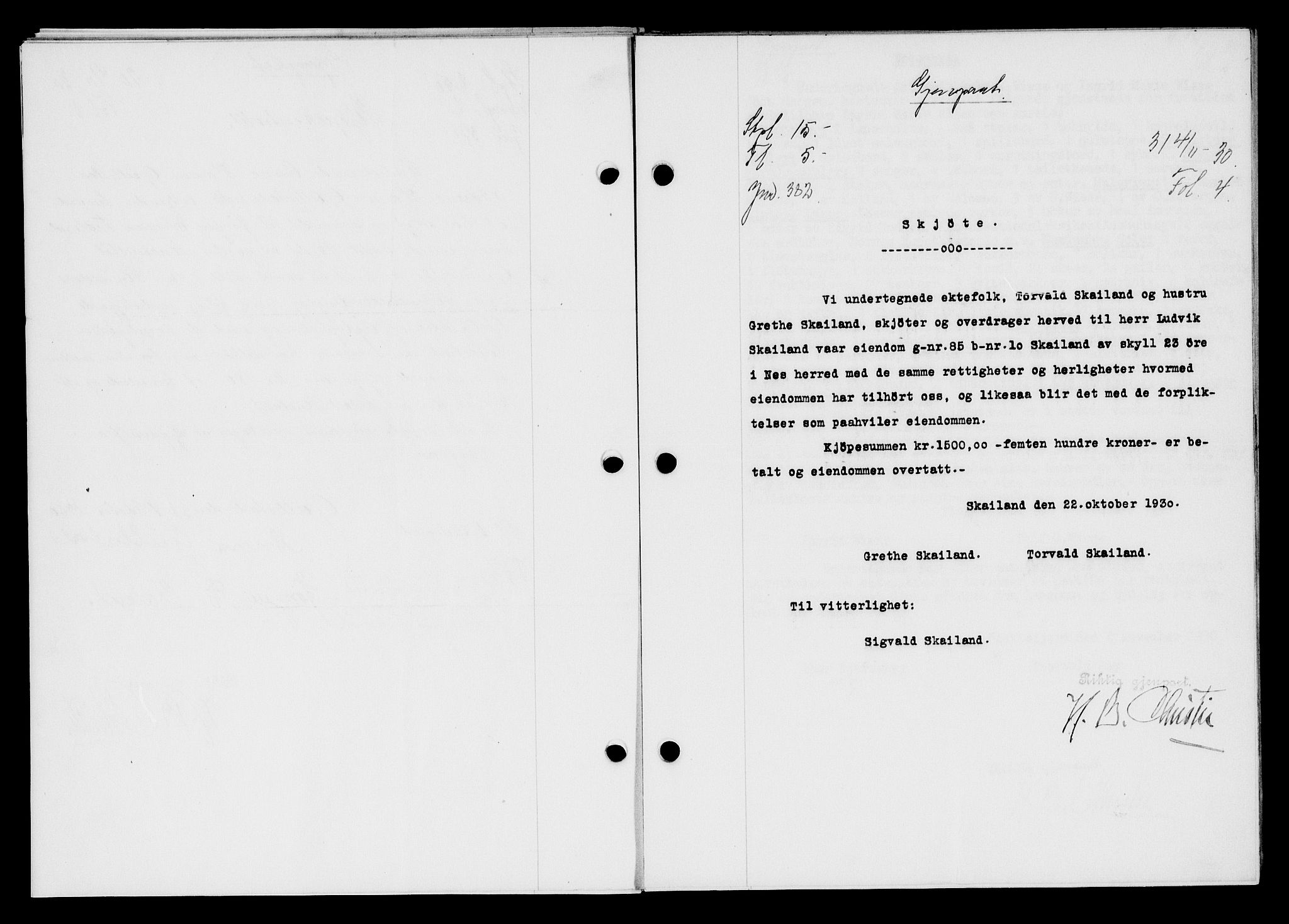 Flekkefjord sorenskriveri, AV/SAK-1221-0001/G/Gb/Gba/L0046: Mortgage book no. 44, 1930-1931, Deed date: 04.11.1930