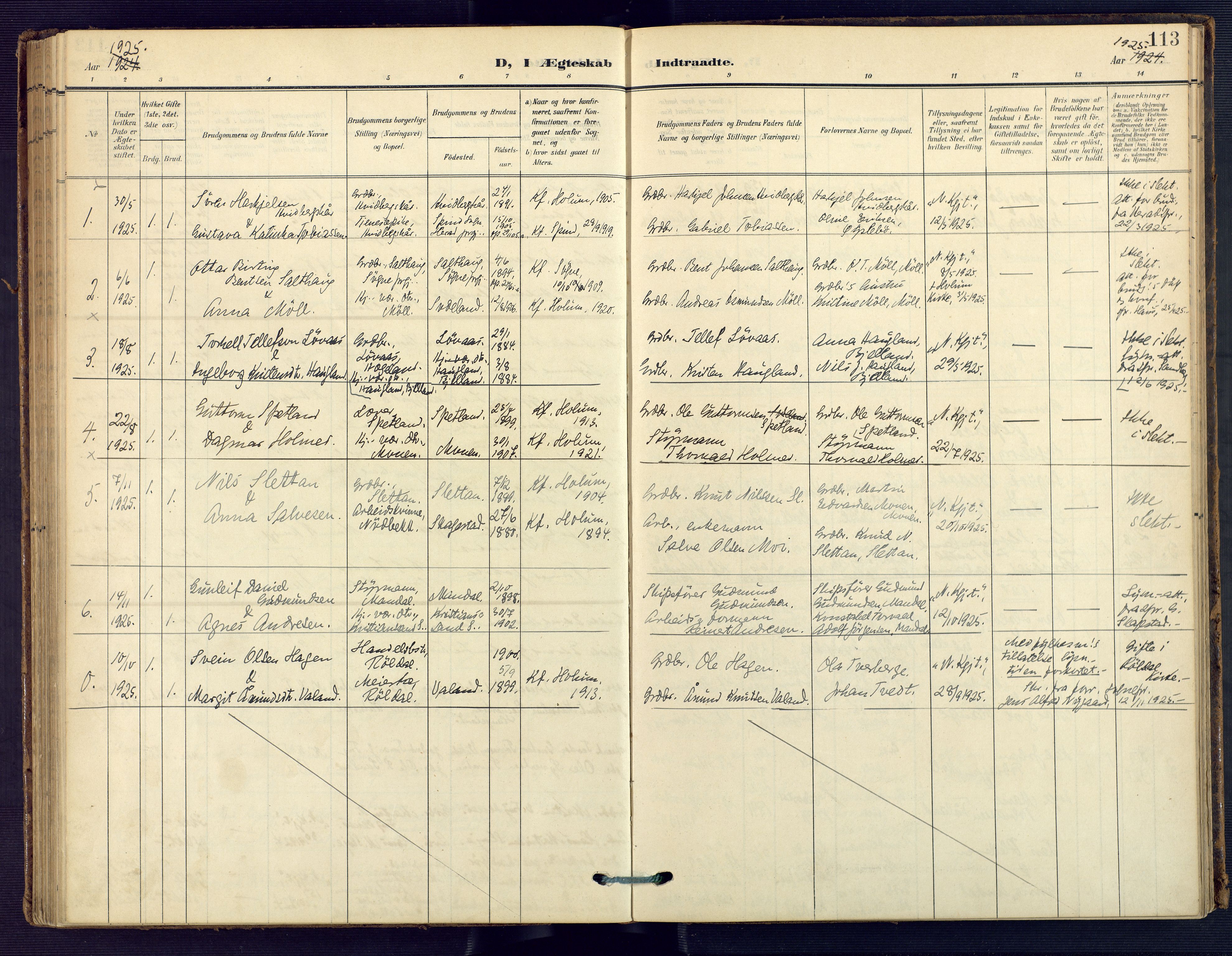 Holum sokneprestkontor, SAK/1111-0022/F/Fa/Faa/L0008: Parish register (official) no. A 8, 1908-1929, p. 113