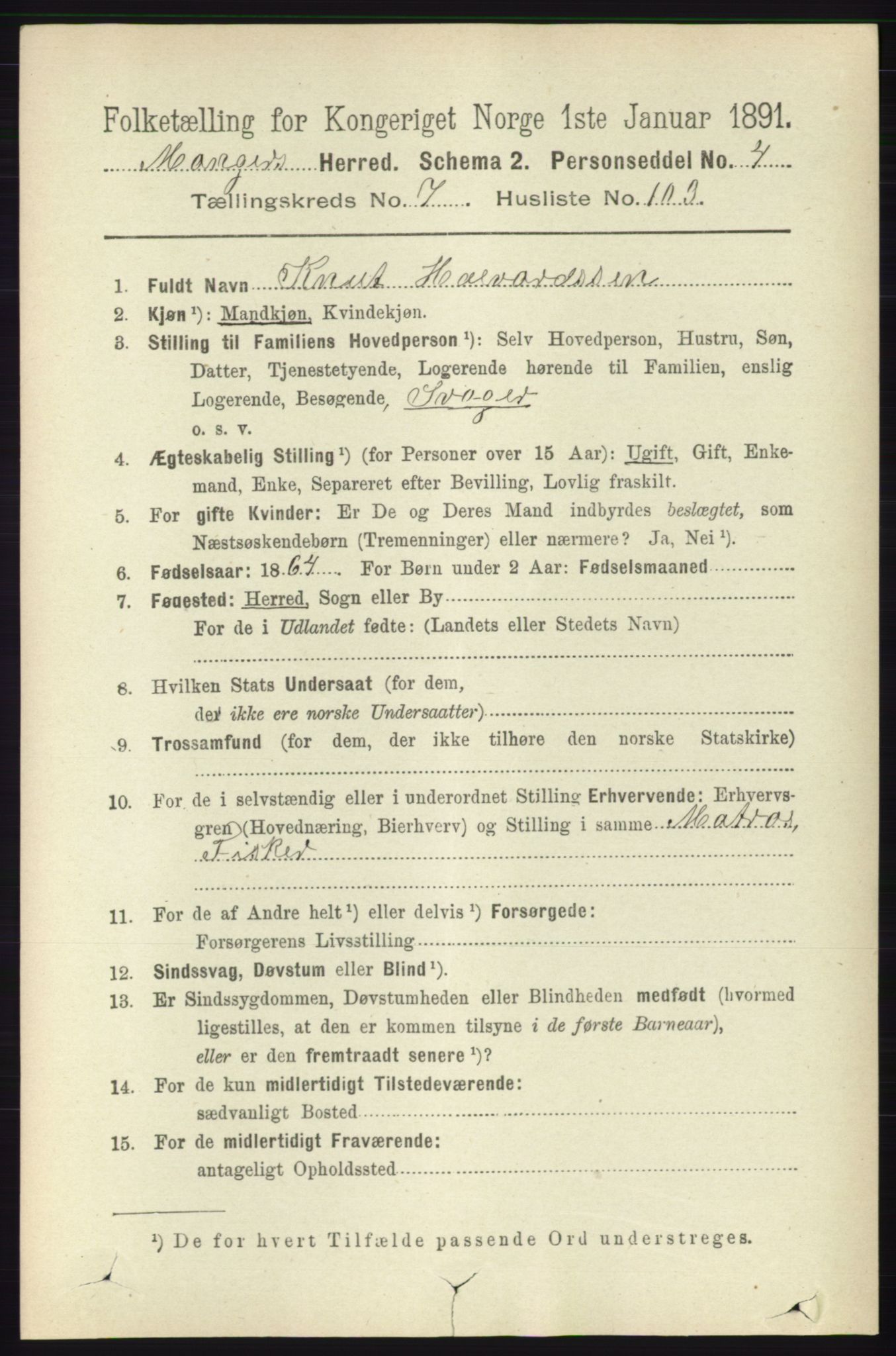 RA, 1891 census for 1261 Manger, 1891, p. 5002