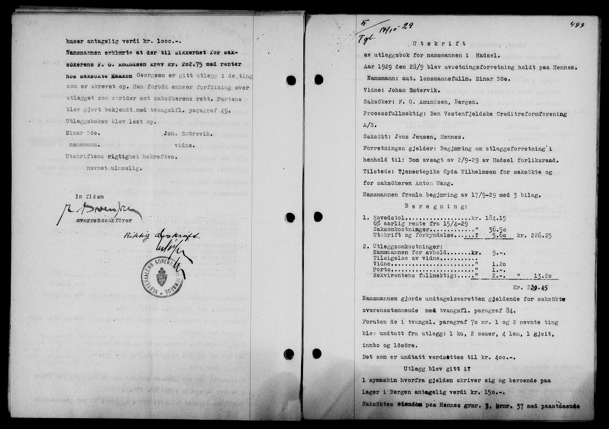 Vesterålen sorenskriveri, SAT/A-4180/1/2/2Ca/L0049: Mortgage book no. 42, 1929-1929, Deed date: 17.10.1929