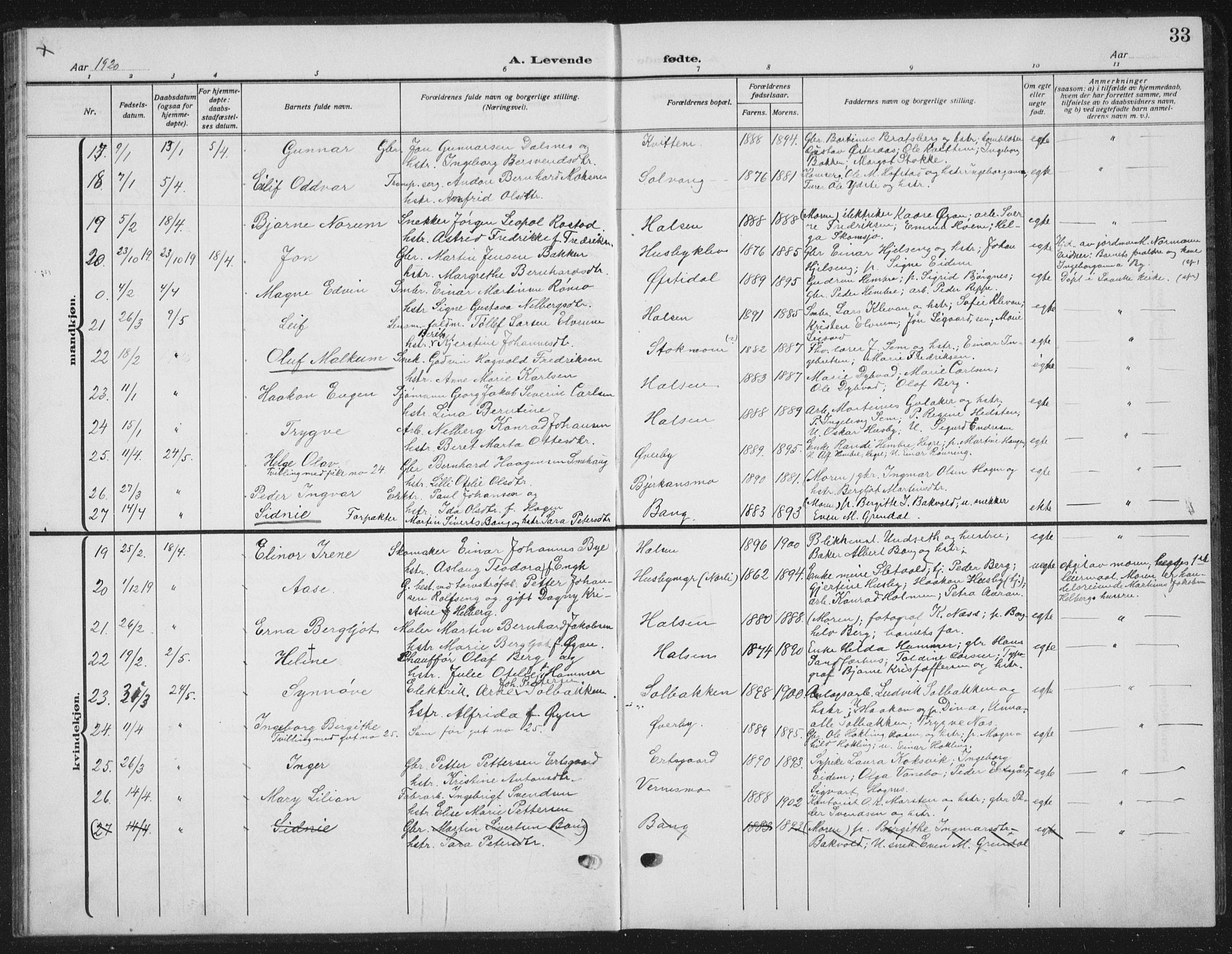 Ministerialprotokoller, klokkerbøker og fødselsregistre - Nord-Trøndelag, AV/SAT-A-1458/709/L0088: Parish register (copy) no. 709C02, 1914-1934, p. 33