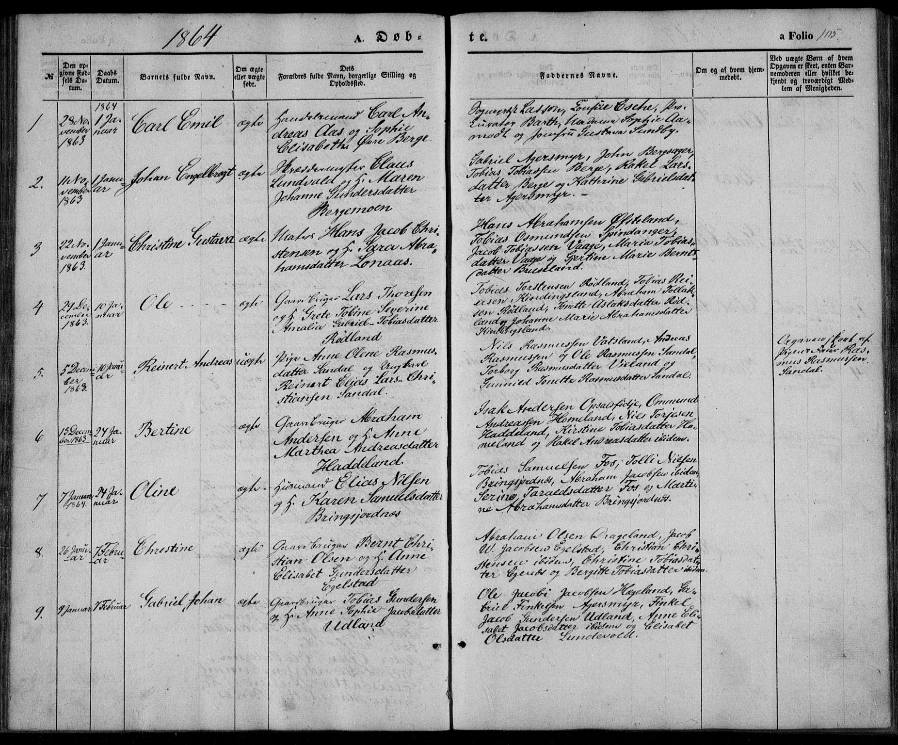 Lyngdal sokneprestkontor, SAK/1111-0029/F/Fa/Fac/L0009: Parish register (official) no. A 9, 1852-1864, p. 105