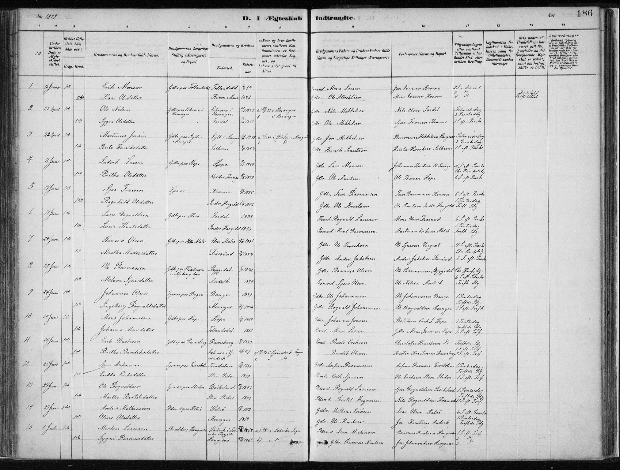 Masfjorden Sokneprestembete, SAB/A-77001: Parish register (official) no. B  1, 1876-1899, p. 186