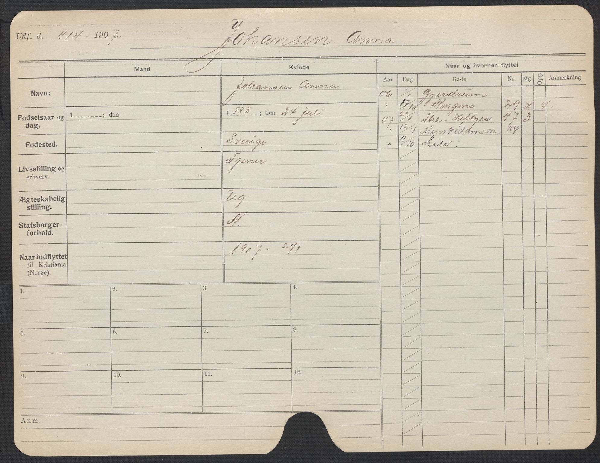 Oslo folkeregister, Registerkort, AV/SAO-A-11715/F/Fa/Fac/L0017: Kvinner, 1906-1914, p. 614a