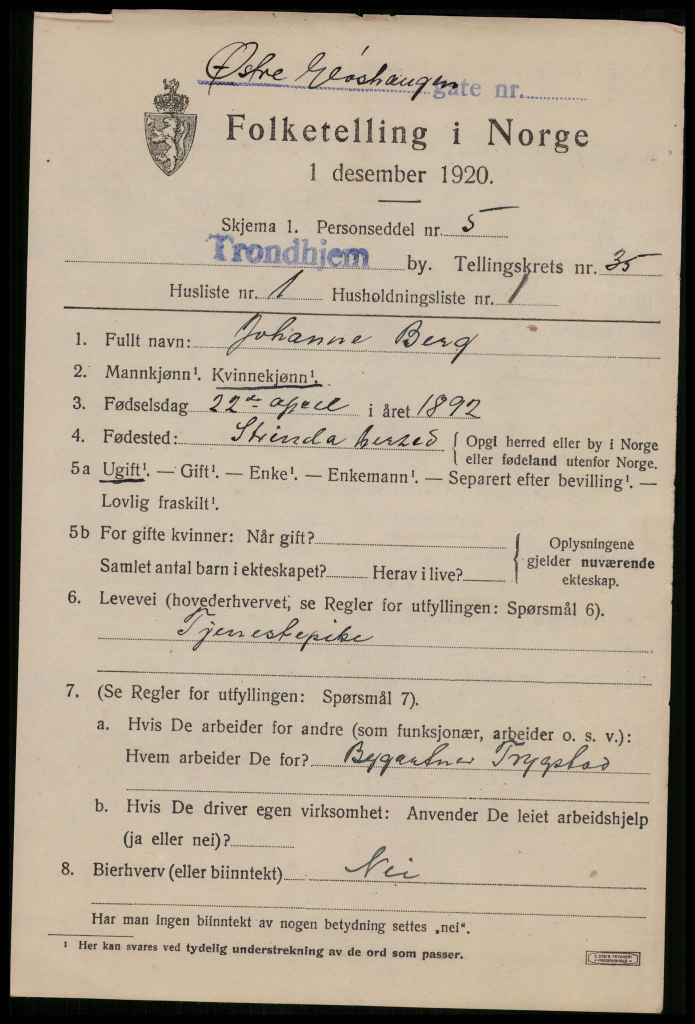 SAT, 1920 census for Trondheim, 1920, p. 81110