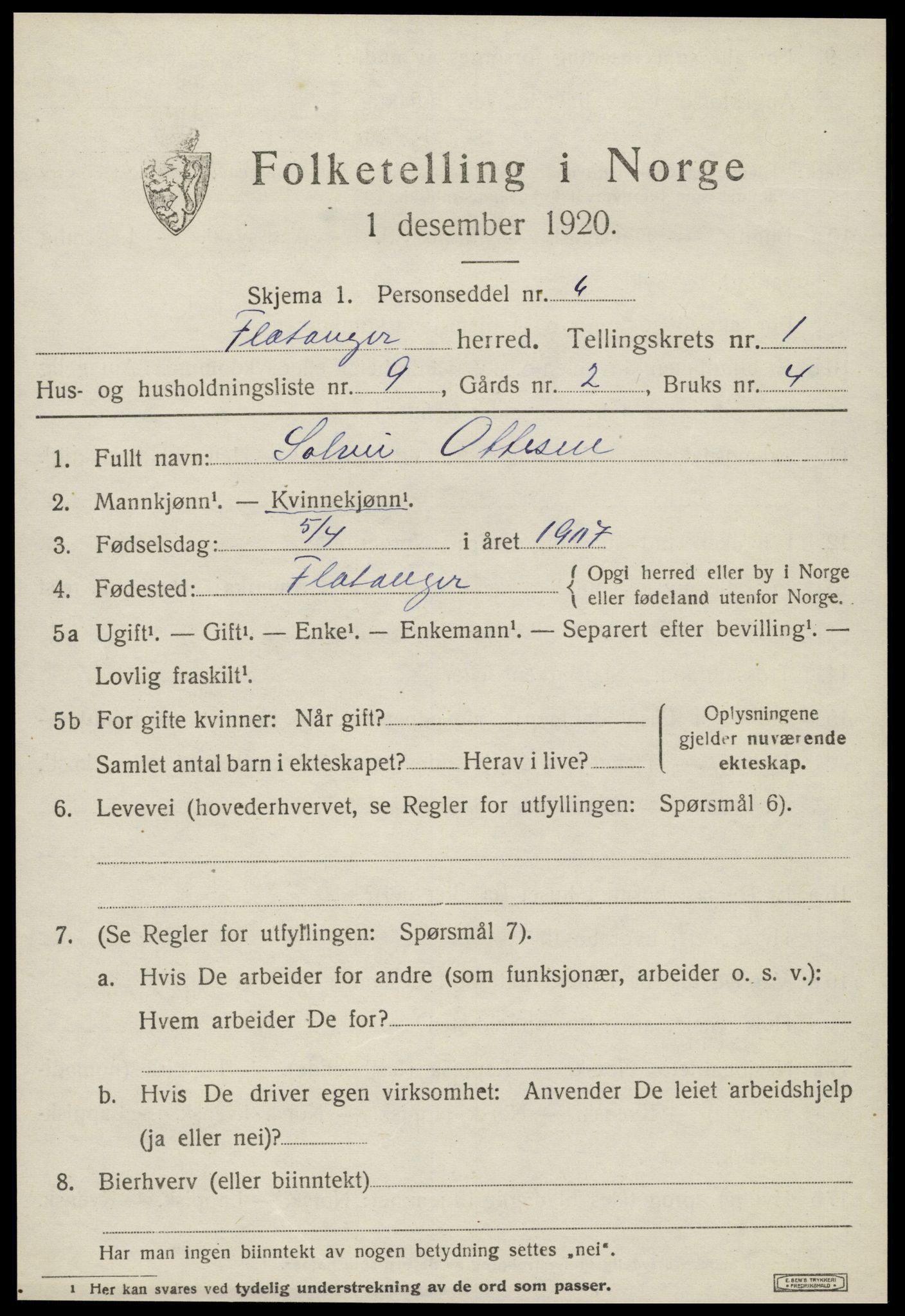 SAT, 1920 census for Flatanger, 1920, p. 798