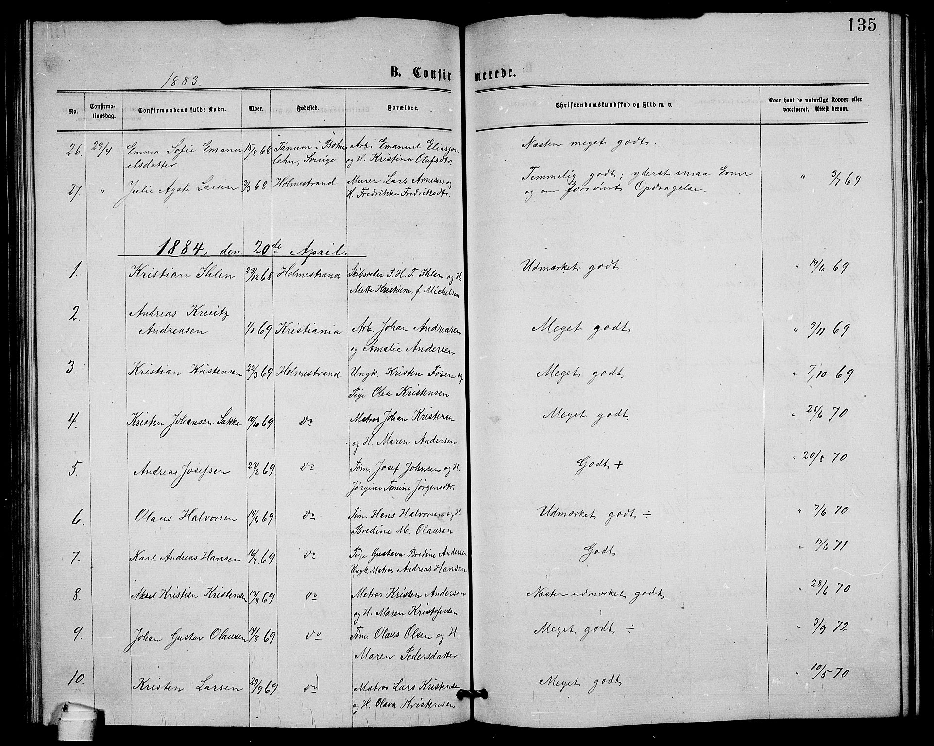 Holmestrand kirkebøker, AV/SAKO-A-346/G/Ga/L0004: Parish register (copy) no. 4, 1874-1888, p. 135