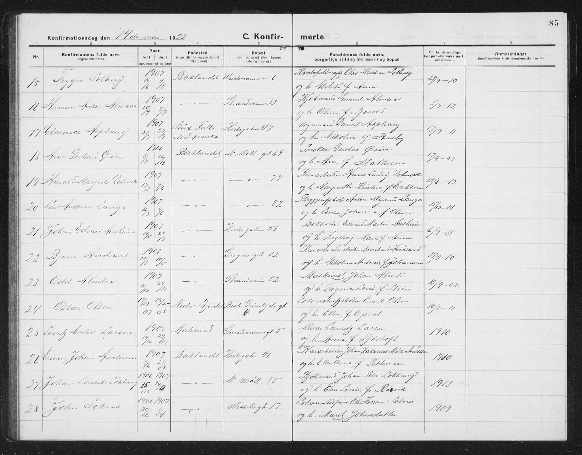 Ministerialprotokoller, klokkerbøker og fødselsregistre - Sør-Trøndelag, SAT/A-1456/605/L0258: Parish register (copy) no. 605C05, 1918-1930, p. 85
