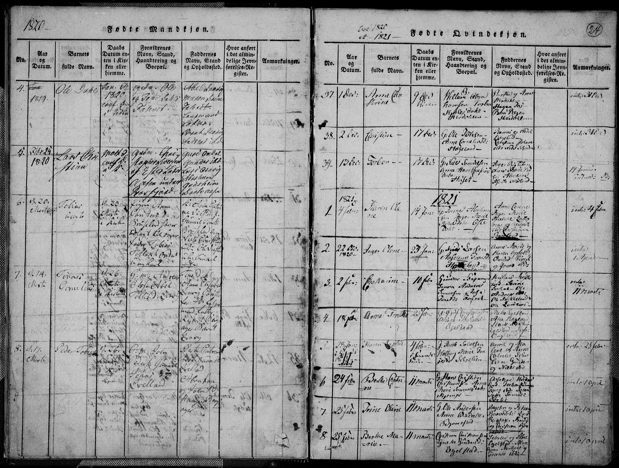 Lyngdal sokneprestkontor, SAK/1111-0029/F/Fa/Fac/L0006: Parish register (official) no. A 6, 1815-1825, p. 24