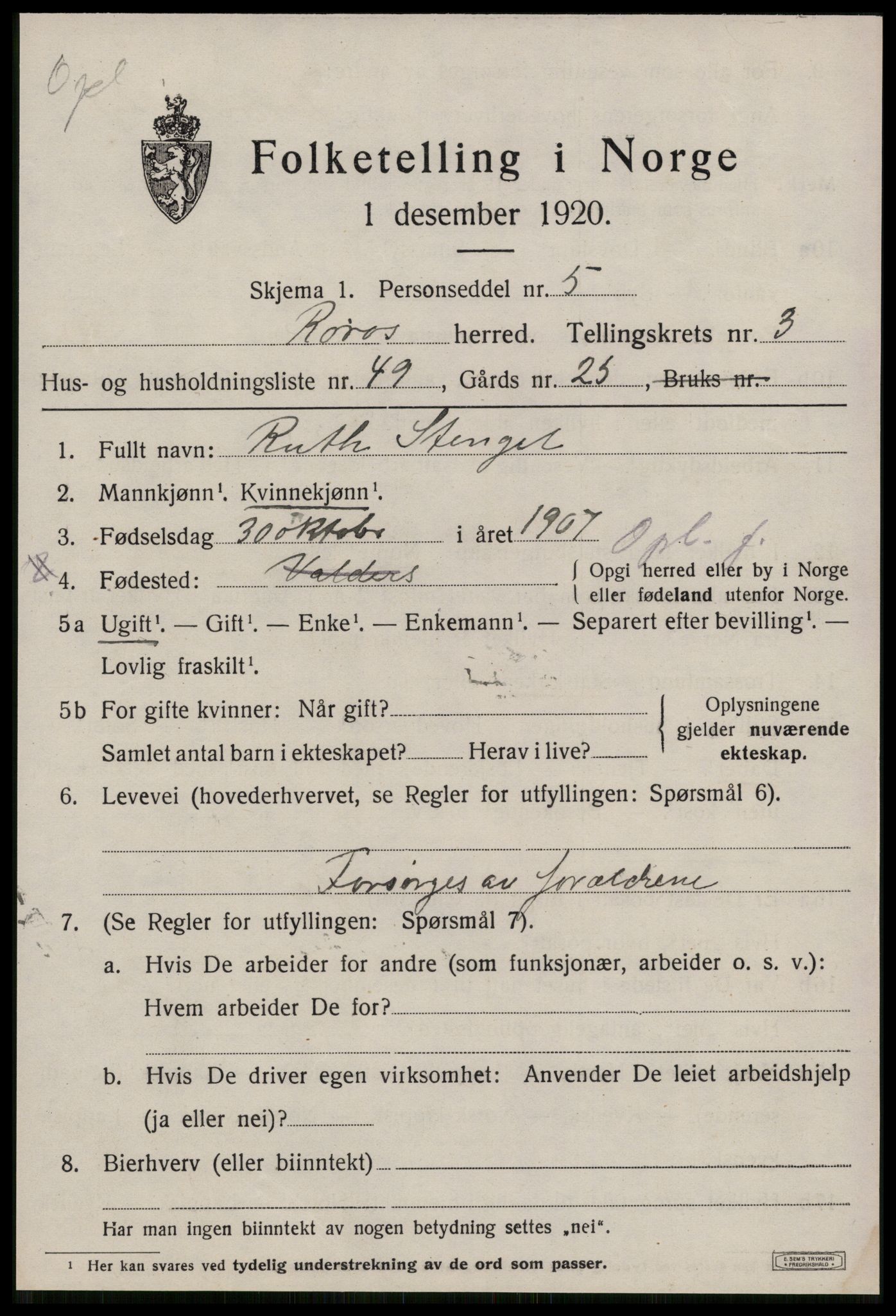 SAT, 1920 census for Røros, 1920, p. 4510