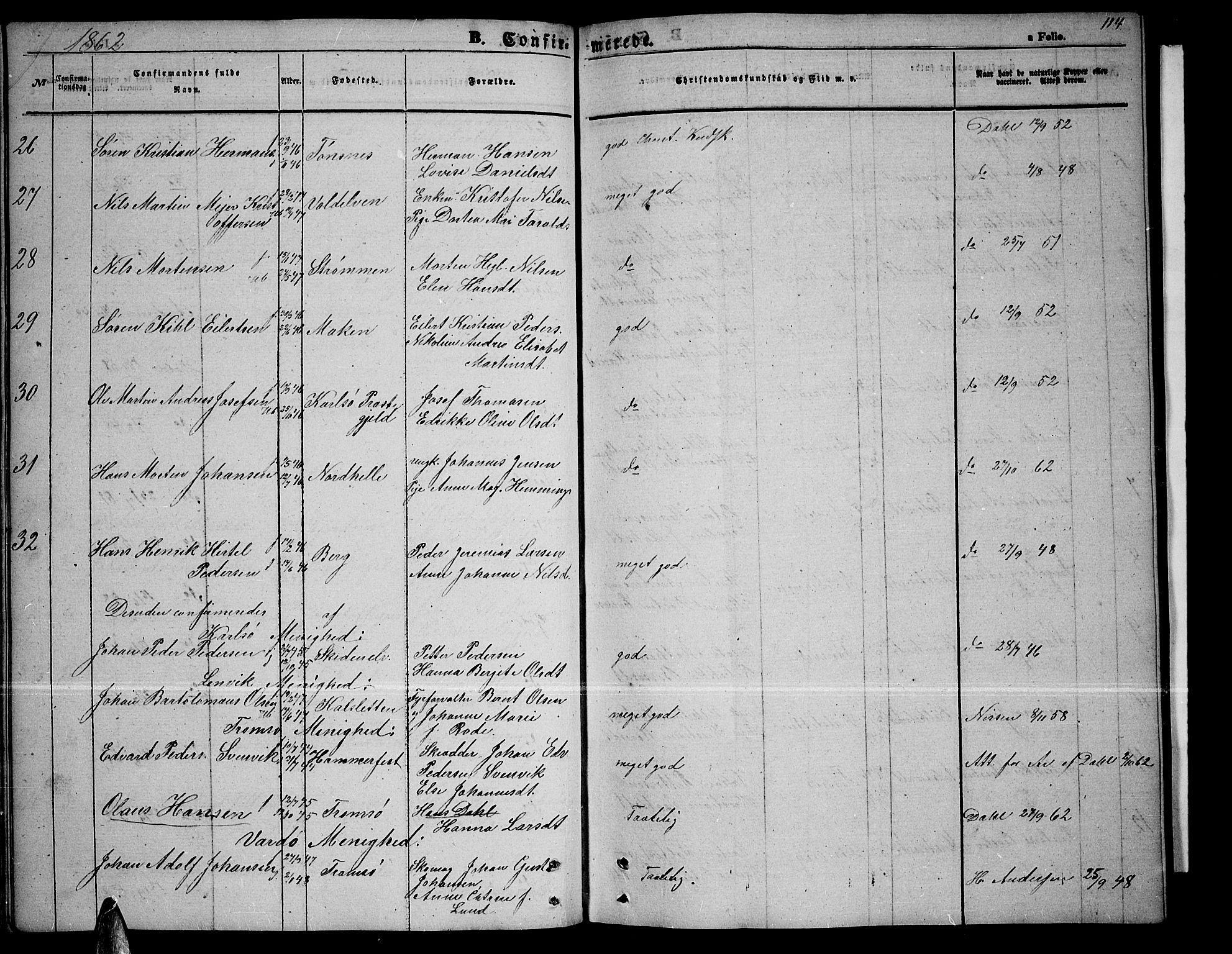 Tromsøysund sokneprestkontor, AV/SATØ-S-1304/G/Gb/L0001klokker: Parish register (copy) no. 1, 1857-1869, p. 114