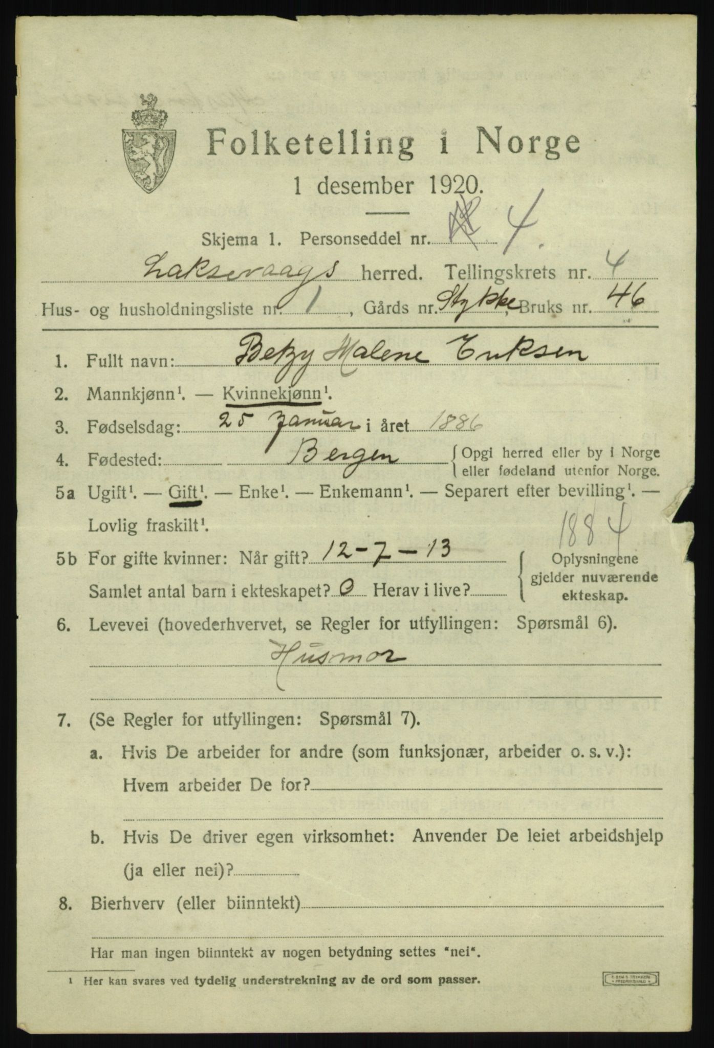 SAB, 1920 census for Laksevåg, 1920, p. 13488