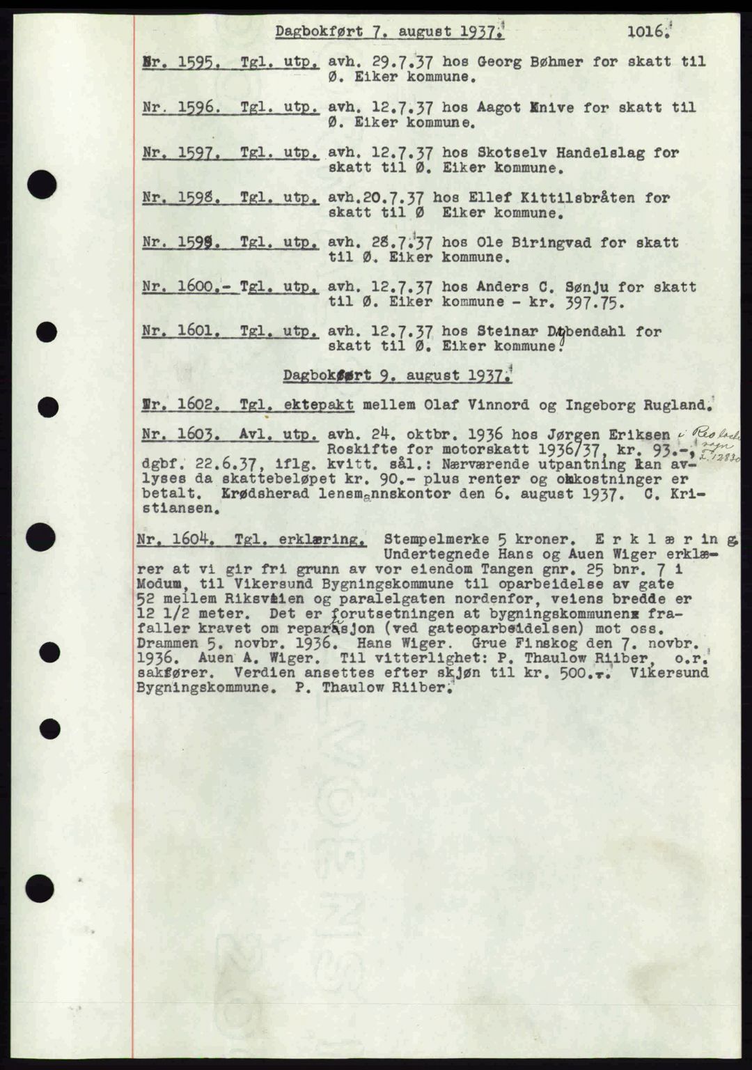 Eiker, Modum og Sigdal sorenskriveri, SAKO/A-123/G/Ga/Gab/L0035: Mortgage book no. A5, 1937-1937, Diary no: : 1595/1937